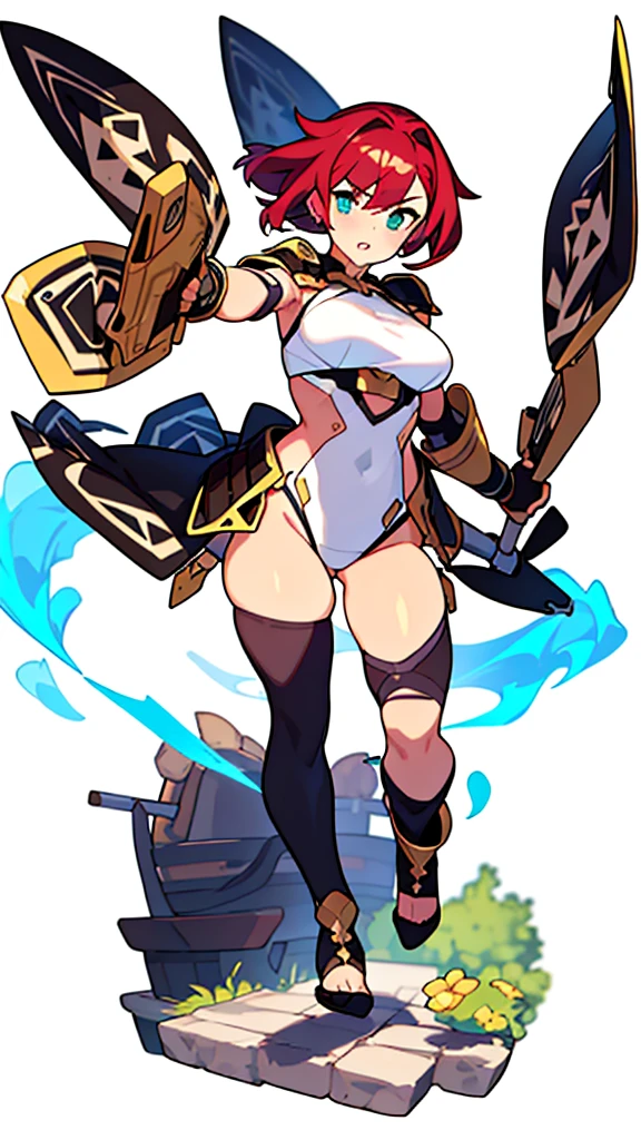 Fire horns, cyberpunk, armor in the style of Horizon Zero Dawn, Red-haired girl, fiery, green eyes, pigtails, a wreath of fire horns on her head, barbarian, a huge techno cannon in her hands, a huntress, bones on the body, insect plates, chitin, fur, small bones, light bones and red fur on the shoulders, dark leather stockings made of strips of cut leather on the legs, ropes and light bones on the body, thin panties, a small bra made of bones, bright red hair, jewelry made of horns, a fur gun. Instead of underpants, rope, bones and chitin, fur shoulder pads and with chitin, a tail of hair on the back of the head, a short haircut, a bionic cannon in the form of the mouth of a wolf, shark, dragon look up. The girl has green eyes, a playful look, a good-natured smile, a neat nose, tight panties, tight thongs, mini-underwear, leaky underwear, torn fabrics, a lot of torn fabrics, a lot of holes in fabrics, a cannon with a monster's head, a cannon barrel in the form of a monster, a flame bursts out of her mouth, a portal in a cannon. The girl has short hair, a ponytail at the back is short and looks up, fur shoulder pads, a jacket on the shoulders, a torn bra, the pubis is open, diagonal straps all over the body, powerful energy escapes from the open toothy mouth of a cannon, a bird's skull on a girl's belly, tattoos, vertebrae on the edges of stockings, cyberpunk, ethnic style of clothing, vintage clothes, worn, prehistoric style, prehistoric jacket, elbow pads made of insects, chitinous cannon, bionic cannon, torn jacket sleeves, chitinous plates on the jacket, flame flashes, cyberpunk, the whole cyberpunk style, a lot of technology, technologies of the future, futurism, science fiction, fantasy, wildness, sexuality, emphasized eroticism, cold lighting, flames from everywhere, a lot of fire, bones on the shoulders, small details on the shoulders, a skull on the belt, the girl has curly hair, tattoos on her face, maximum nudity, diagonals, caveman, prehistoric image,