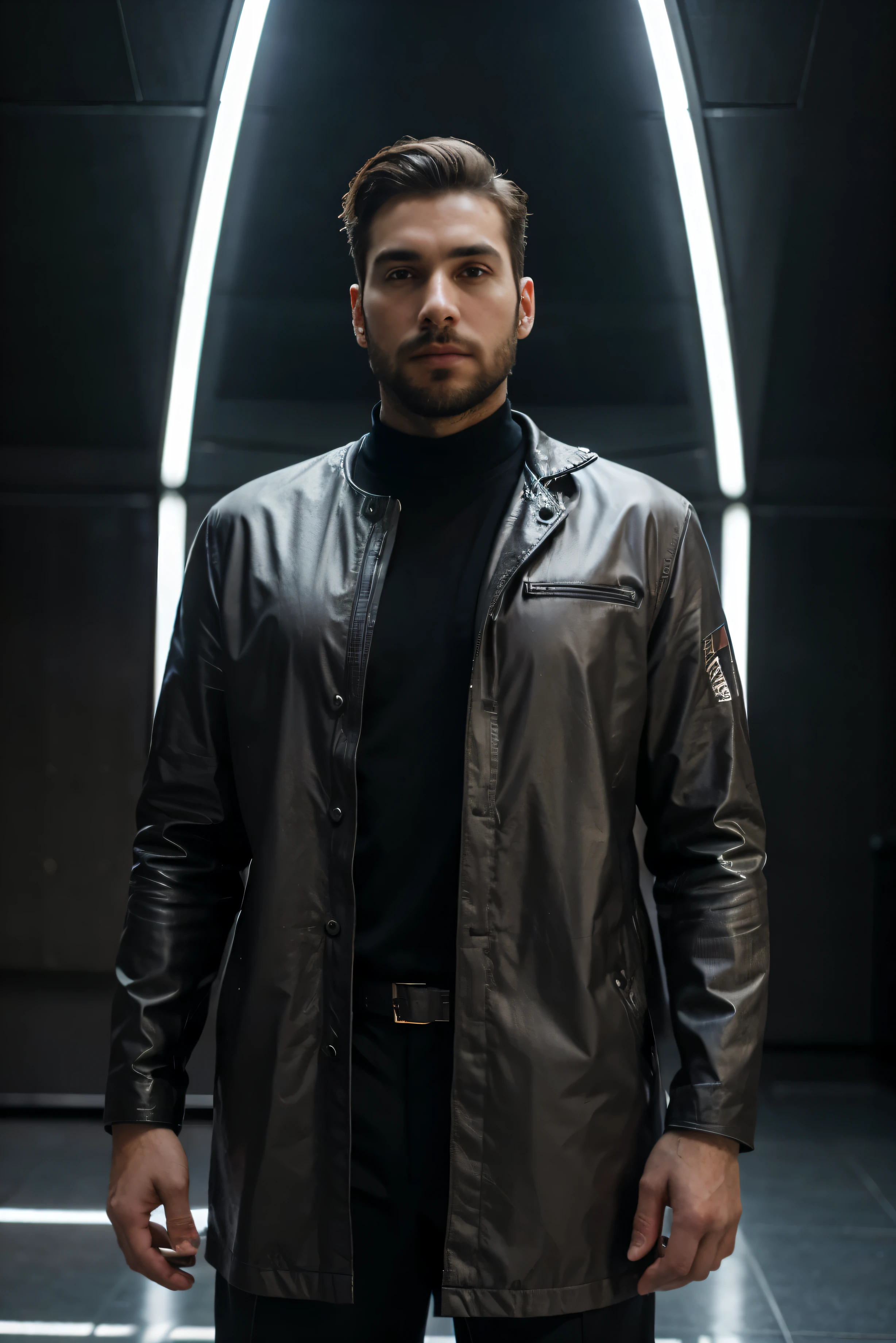 En un mundo futurista, A 30-year-old man with a perfectly groomed beard stands in front of an elegant, edificio metalico. Su barba es una mezcla de colores vibrantes., Reflecting the advanced technology and diversity of this society... La postura segura del hombre y sus rasgos afilados se representan en un atrevido, Graphic Style, making it stand out in the futuristic context. This image is a unique and visually striking representation of a modern man with a touch of old world charm...