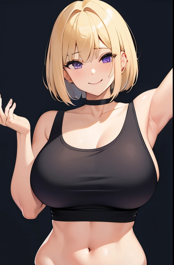 1 girl,blonde hair,bob,bangs,purple eyes,全naked,naked,big breasts,big breasts,nipple,Tank top,chest,smile,Happy,heavy breathing,Put your hands on your face,choker,whole body