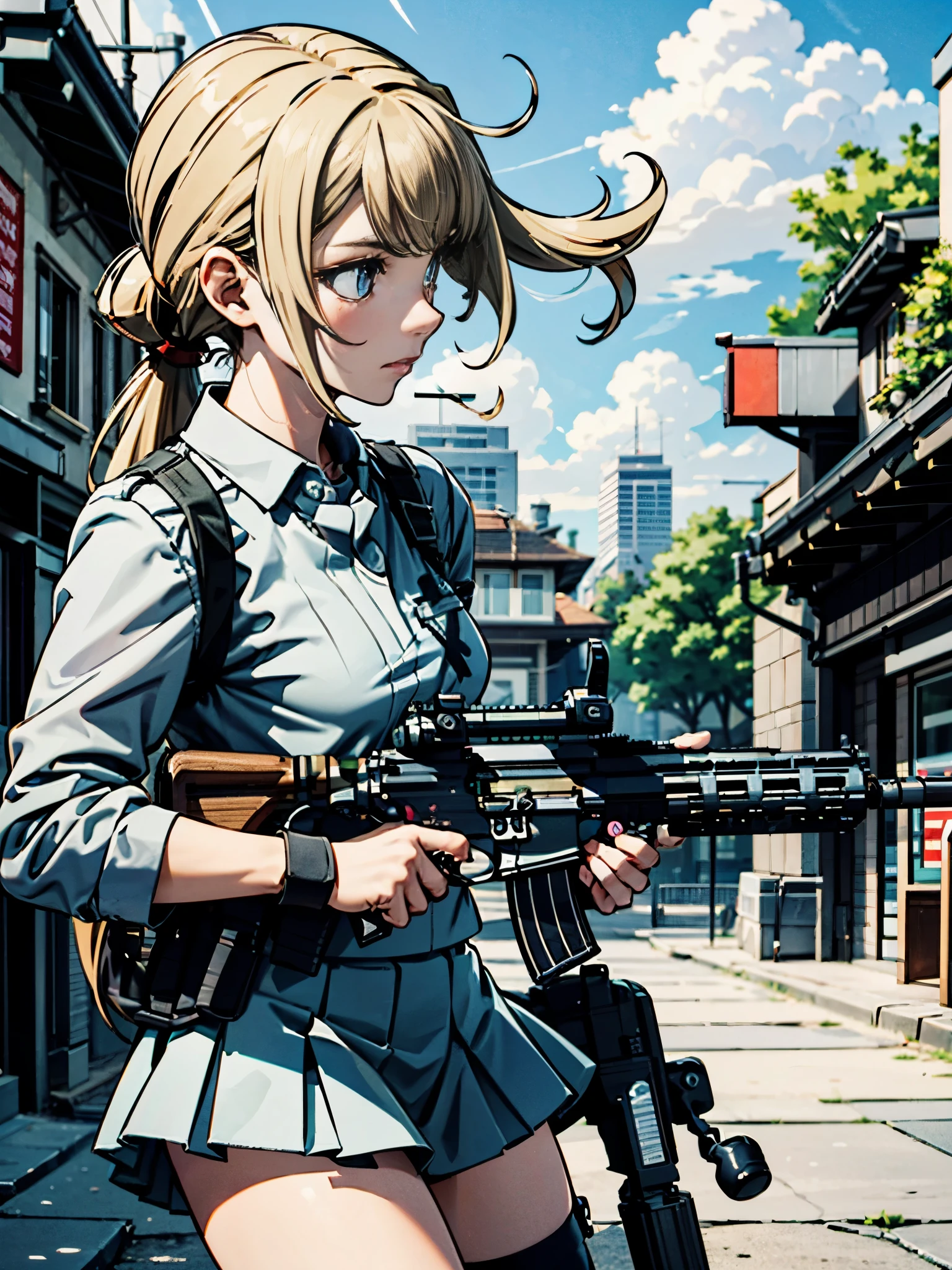 (((pixel-perfect, detail-perfect))),, lens flare, depth of field, (close-up:1.3), (wide shot, fisheye:0.85), facefocus,

1girl, standing, long blonde hair, ponytail, hair tie, blue eyes, serious, high school girl, pleated skirt, miniskirt, (using weapon, using rifle, aiming, aim:1.2),

gun, h&k hk416, carbine, open fire, firing,

sunny, blue sky, cloudy sky, city, street.