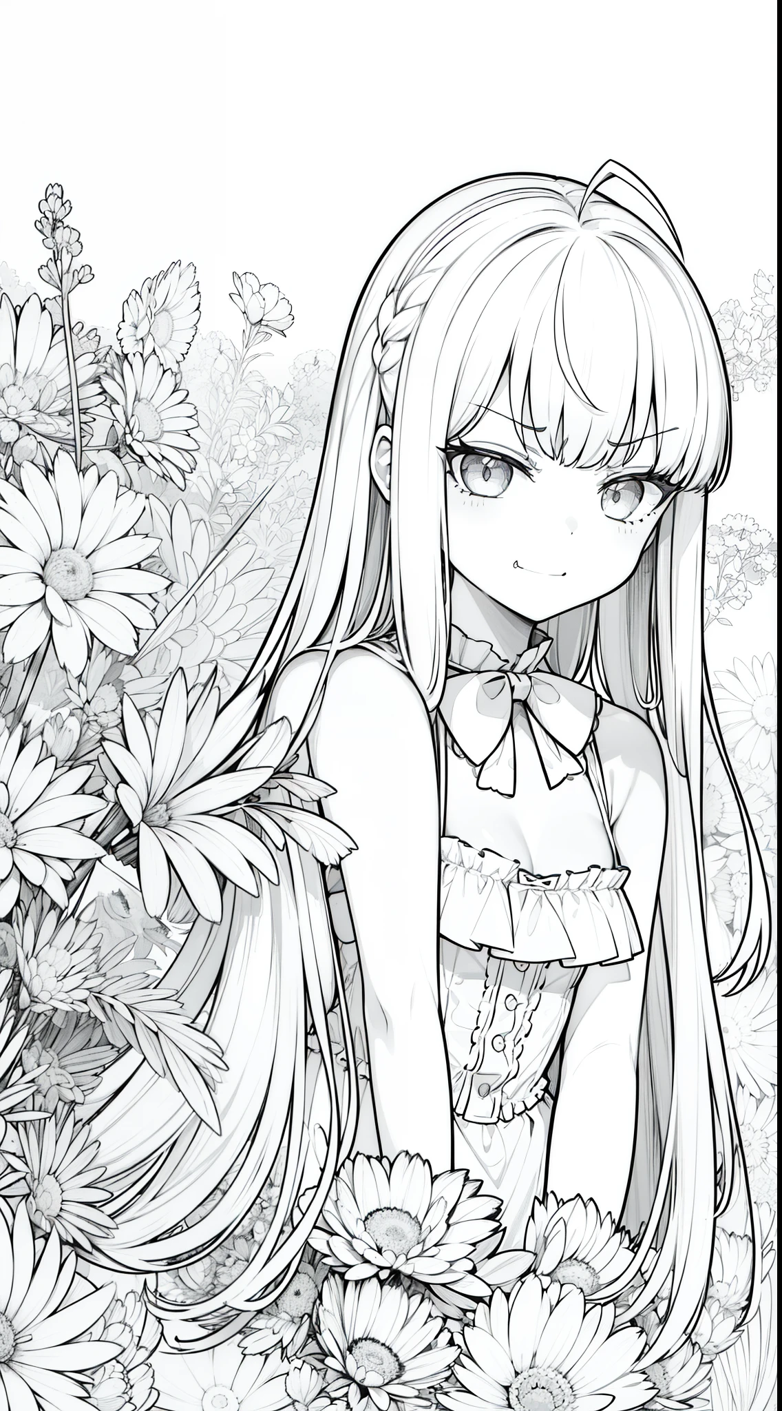 (1girl,10 years old),white hair,long hair,white pantyhoses,white dress mono color,frills, sleeveless, cleavage, bow tie, bare shoulders,(((hair 2antennas))),(grass,line drawing),(white eye,angry),((angry smile)),(peeking out upper body)