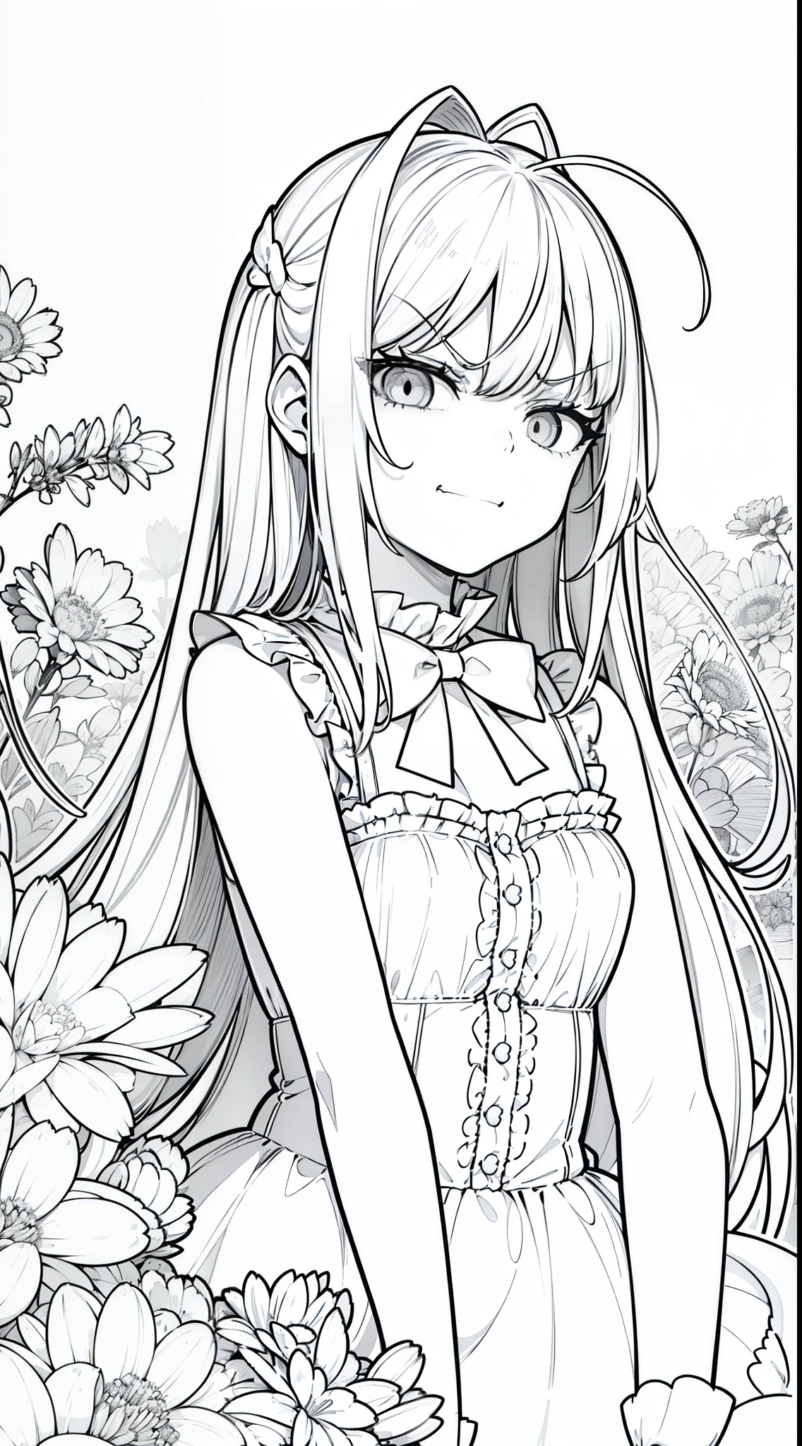 (1girl,10 years old),white hair,long hair,white pantyhoses,white dress mono color,frills, sleeveless, cleavage, bow tie, bare shoulders,(((hair 2antennas))),(grass,line drawing),(white eye,angry),((angry smile)),(peeking out upper body)