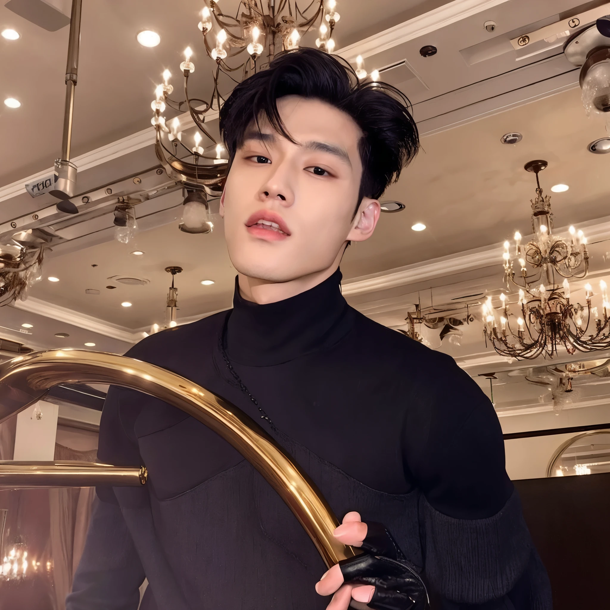 there is a man holding a gold and black bag in a room, Lee Juyeon, Sexy Asian, cai xukun, jia, kim doyoung, hong junio hyung, hyung tae, park Jimin, Jimin, esojun chengt, hsiao-ron, TaeJune Kim, Jinyoung Shin, eso, muy guapo, kda, Jimin\la nariz griega, por Emma Andijewska