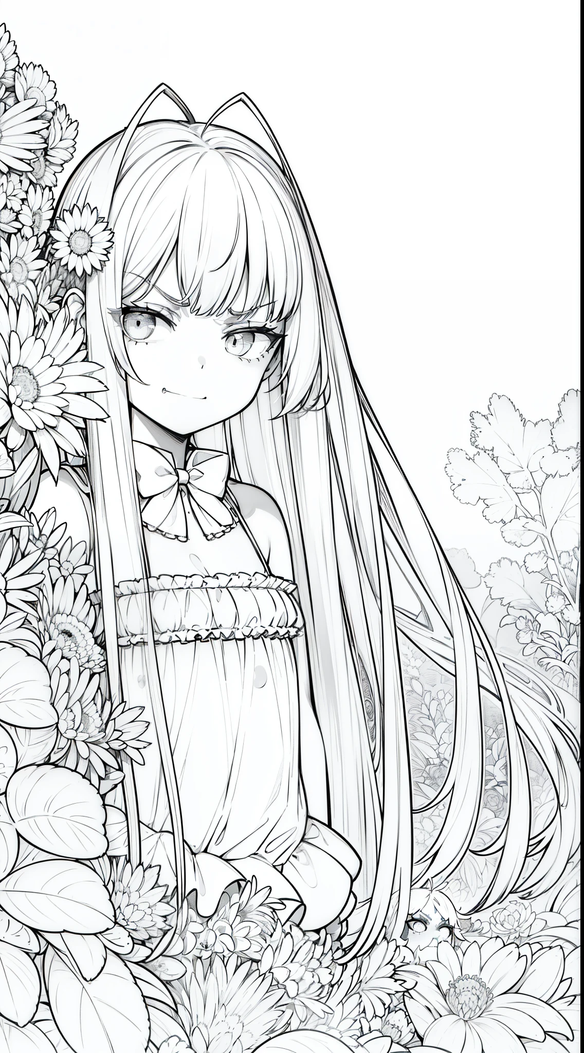 (1girl,),white hair,long hair,white pantyhoses,white dress mono color,frills, sleeveless, cleavage, bow tie, bare shoulders,(((hair 2antennas))),(grass,line drawing),(white eye,angry),((angry smile)),(peeking out upper body)