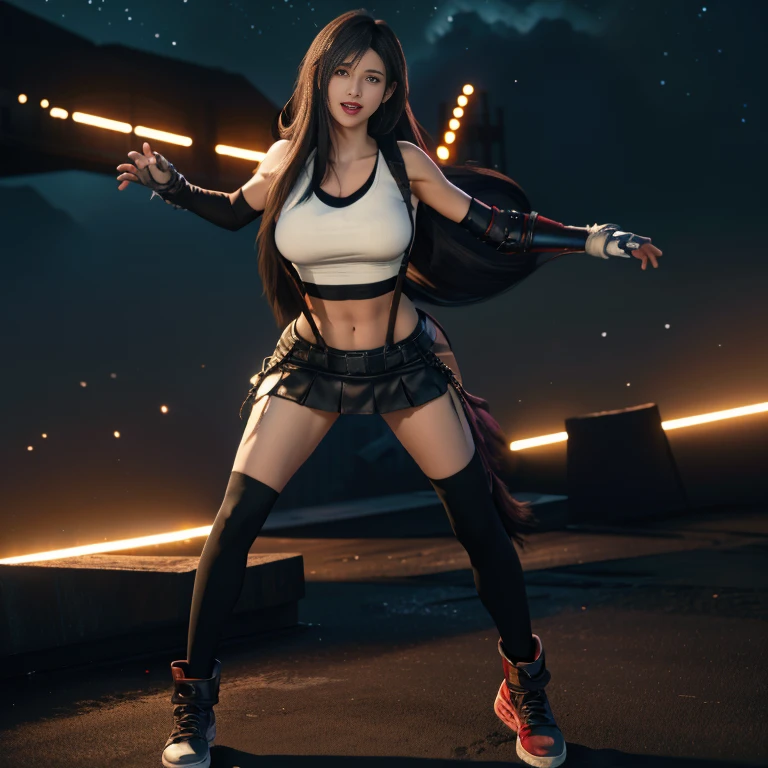 NSFW, (8k, best quality, masterpiece: 1.2), (realistic, photorealistic), ultra detailed, 1 girl, cute, solo, (tifa lockhart), (huge breasts), (smile: 1.2), (mouth open with tongue hanging out ), erotic pose, posing, neon lights, cityscape, depth of field, good composition, Final Fantasy VII, booties, black hair, black thigh-highs, red boots, elbow gloves, elbow pads, fingerless gloves, stretched shirt , sports bra, (suspenders attached to skirt), hold-ups, (white tank top), full body, very long hair, ((red_eyes)), yellow flowers, (night), bokeh, cinematic lighting, nsfw, perfect breasts, sakimichan style , perfect legs, perfect feet, perfect body, perfect arms, perfect face, perfect hair, perfect pose, perfect single woman, perfect shoes