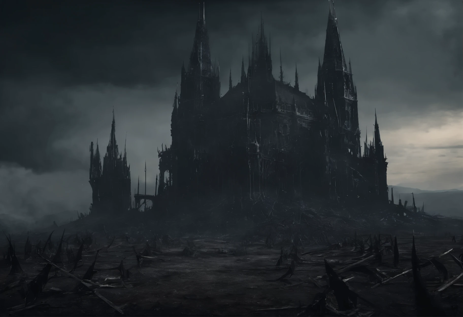 battlefield, mass of broken spears and swords sticking out of the ground, round shields with emblems, the glow of a fire in the night sky, (Best Quality, 16K, Masterpiece, UHD, Ultra quality cinematic lighting, Huge detail, Well lit, 35mm, sharp, hyper realistic, epic scale, insane level of details)
