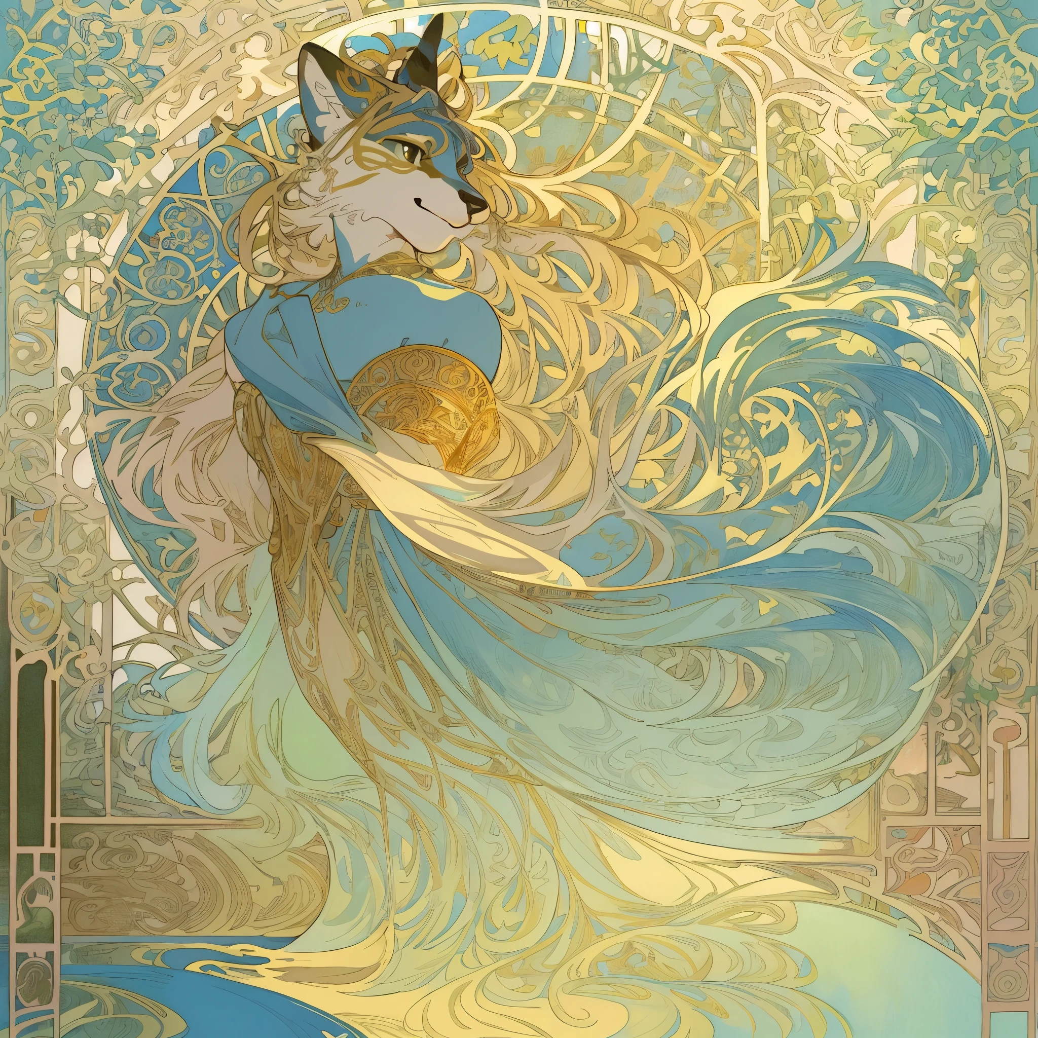 cover page, highres, top quality, best quality, paid reward available, unparalleled masterpiece, perfect artwork, absurdres, High-quality illustrations by Alphonse Mucha, art nouveau, Delicate and elegant linework, flowing hair, Flowing Dresses, Curvilinear lines, Decoration with plant motifs, Geometric decoration, Poetic atmosphere, Rich colors, Dreamy, mystical, Tarot Card(In the forest where the stream flows, Backlighting)perfect anatomy(Furry, Solo focus, Dress, Long Globe)(furry anthro:1.7)((8furry body, Facial features of animals, Features of the animal's body)))All over body, Archaic Smile (portrait),