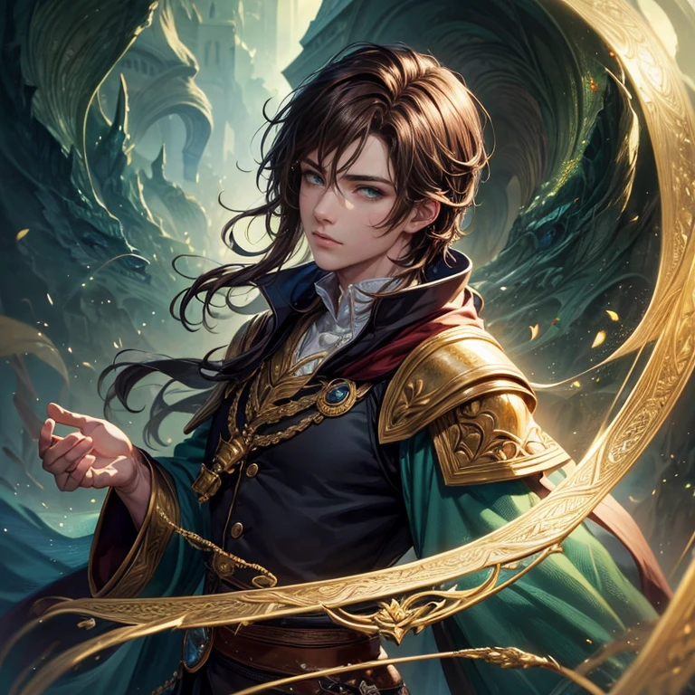 fantastic art of a beautiful male,wizard,22yo,brown hair,beautiful green eyes,cool,mysterious,young,ikemen,noble,top quality,best picture quality,super masterpiece,super detailed,detailed light,fantastic atmosphere,very delicate and beautiful,highly detailed digital painting,cinematic lighting,8k