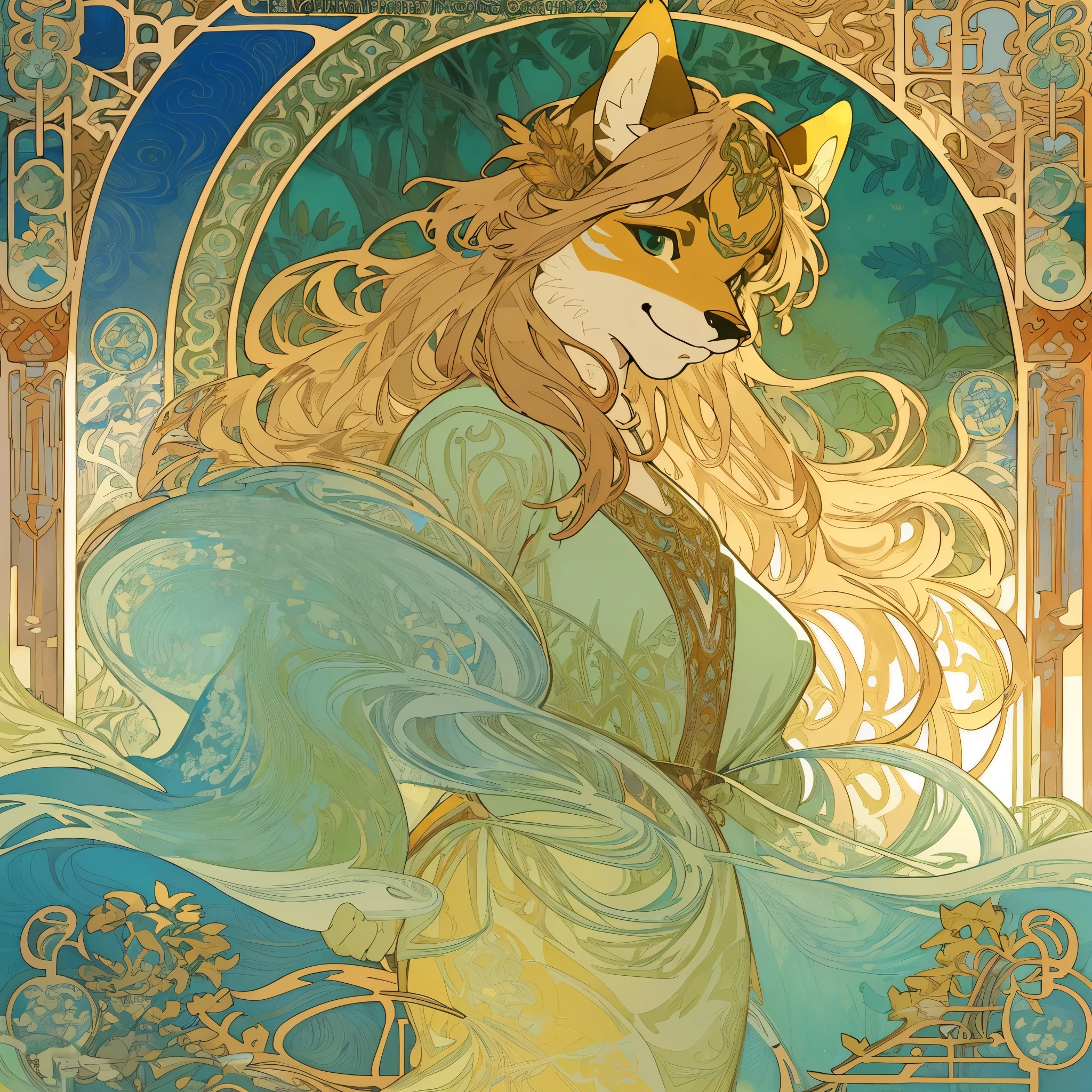 cover page, highres, top quality, best quality, paid reward available, unparalleled masterpiece, perfect artwork, absurdres, High-quality illustrations by Alphonse Mucha, art nouveau, Delicate and elegant linework, flowing hair, Flowing Dresses, Curvilinear lines, Decoration with plant motifs, Geometric decoration, Poetic atmosphere, Rich colors, Dreamy, mystical, Tarot Card(In the forest where the stream flows, Backlighting)perfect anatomy(Furry, Solo focus, Dress, Long Globe)(furry anthro:1.7)((8furry body, Facial features of animals, Features of the animal's body)))All over body, Archaic Smile (portrait),