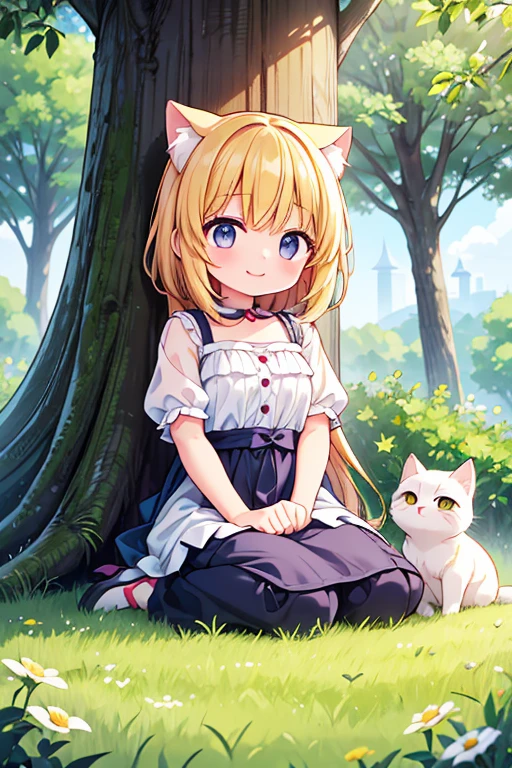 a cute girl, with a joyful expression, is sitting by the trunk of a sturdy tree in a lush meadow. A playful and fluffy kitten accompanies her, both immersed in their surroundings. The meadow is vibrant with various colorful flowers, and cheerful butterflies are fluttering around, enhancing the enchanting ambiance of the scene. The light is soft, casting a gentle glow, highlighting the innocence and happiness of the girl and her feline friend.