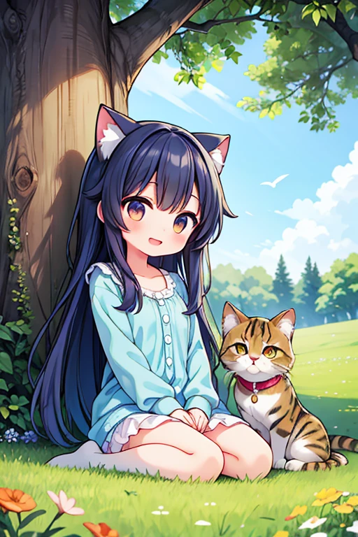 a cute girl, with a joyful expression, is sitting by the trunk of a sturdy tree in a lush meadow. A playful and fluffy kitten accompanies her, both immersed in their surroundings. The meadow is vibrant with various colorful flowers, and cheerful butterflies are fluttering around, enhancing the enchanting ambiance of the scene. The light is soft, casting a gentle glow, highlighting the innocence and happiness of the girl and her feline friend.