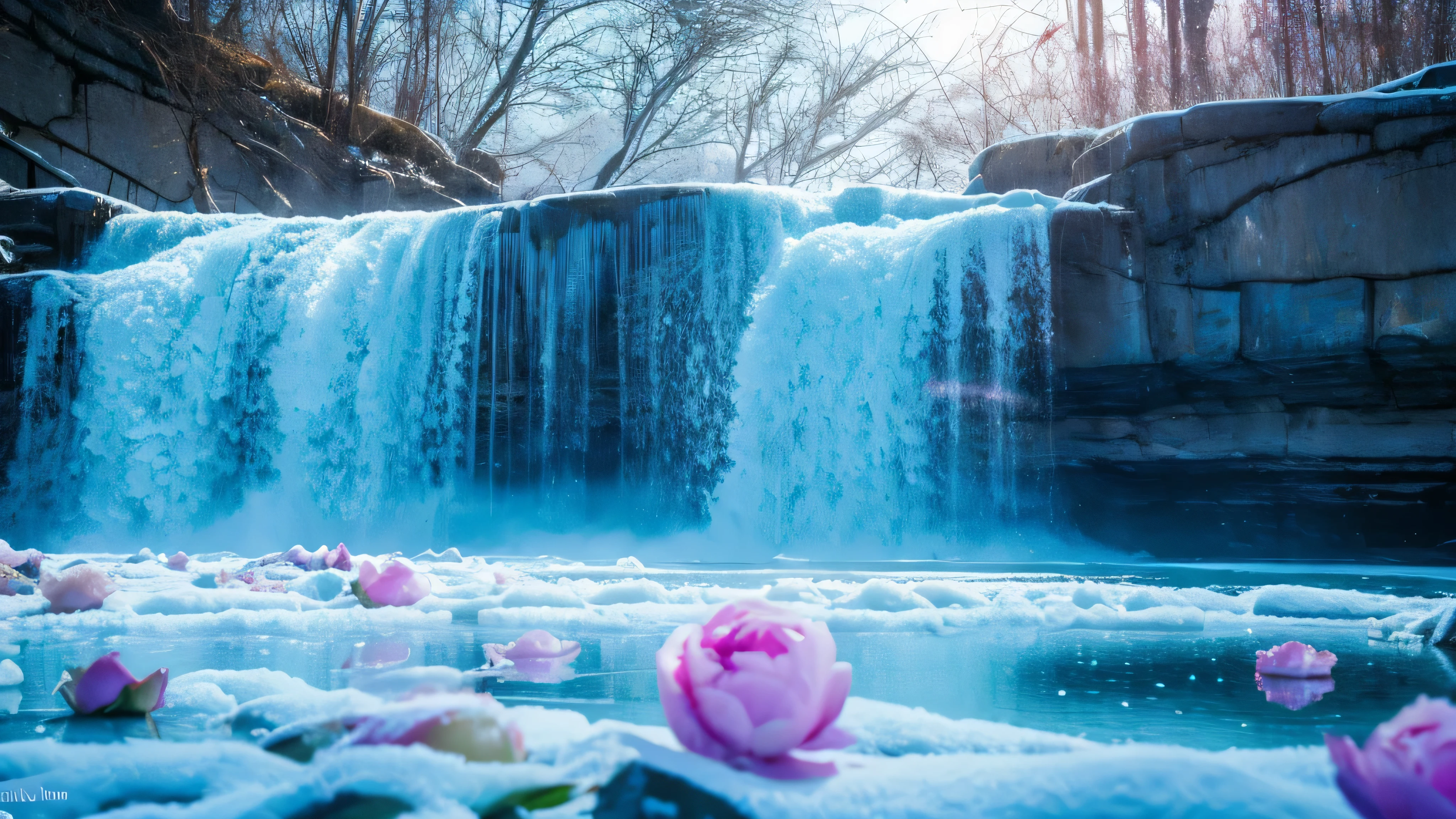 raw photo, lagoon wThish frozen waterfall ,Severe snowstorm,This&#39;Snowing ,Snowing ,Snow is falling,Bright day,the sun is shining wThish rays and there is a colorful rainbow ,,and around the edges the pictures grow (((peonies whThise pearlescent gradient))), Clear Focus,Ultra High QualThisy,ultra detailed focus, high qualThisy image, ultra sharp image,soft light, qualThisy 8k,