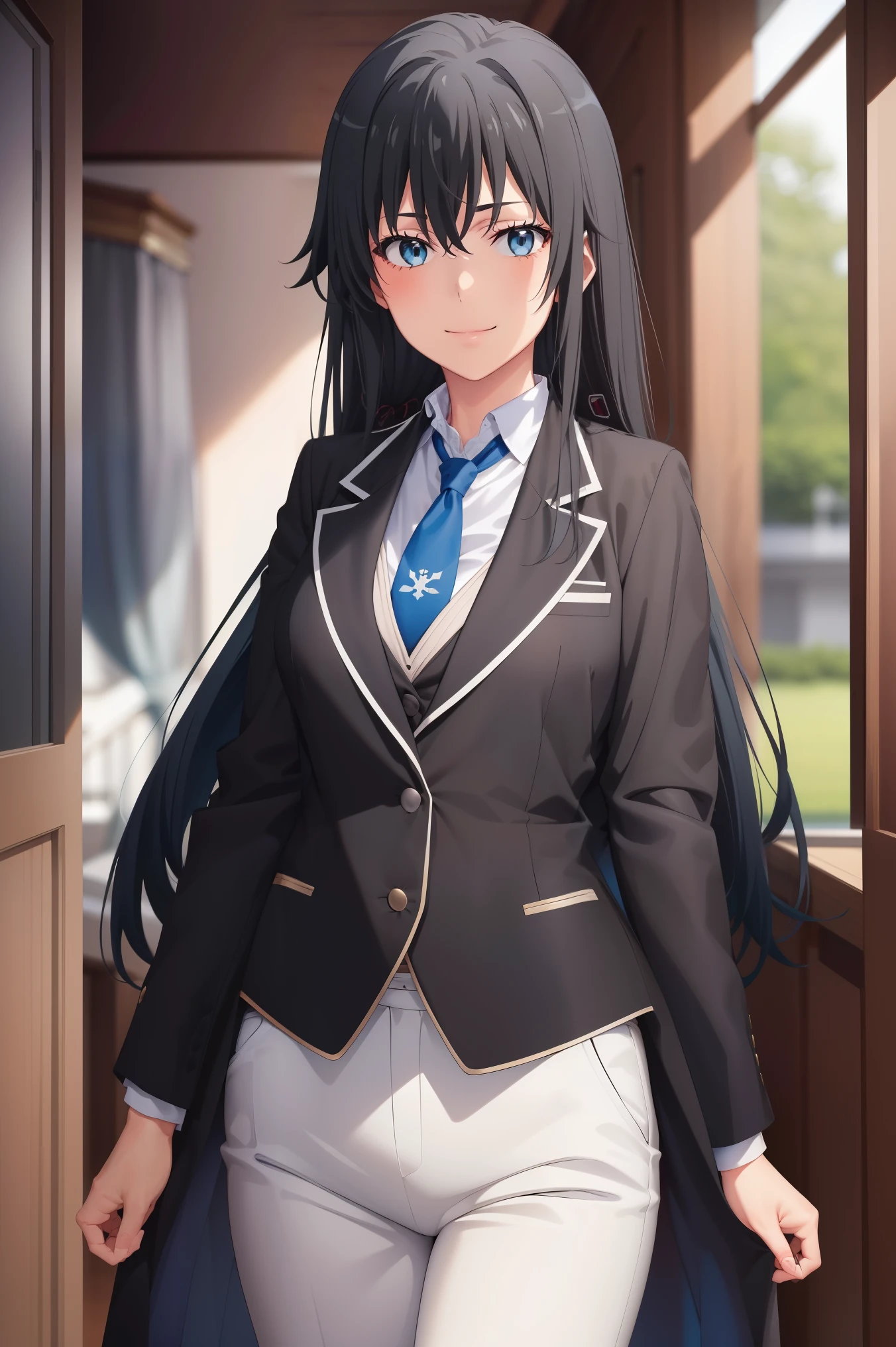 ((best quality)), ((masterpiece)), (detailed) 1girl, blurry, blurry_background, breasts, , hair_long looking_at_viewer, open_hand, Yukinoshita Yukino ,Woman wearing butler clothes, An attractive tailcoat stands in the room , blue necktie, Black hair, eyes blue, long hair, smile , collared shirt, white pants, white shirt , Yukinoshita Yukino wears an evening coat with white pants, a button-up shirt, and a blue tie. She has a beautiful feminine figure, and the coat touches her curves with an attractive smile. An elegant girl look like a prince.