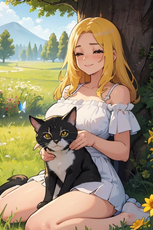 a cute girl, with a joyful expression, is sitting by the trunk of a sturdy tree in a lush meadow. A playful and fluffy kitten accompanies her, both immersed in their surroundings. The meadow is vibrant with various colorful flowers, and cheerful butterflies are fluttering around, enhancing the enchanting ambiance of the scene. The light is soft, casting a gentle glow, highlighting the innocence and happiness of the girl and her feline friend.