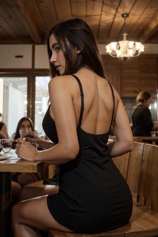 fotorrealista, Mejor calidad, hiper detallado, Ojos realistas, no mostrar manos en la imagen, labios detallados, 8k, iperrealista, hermosa mujer con cabello rubio natural, sentado en un restaurante de lujo, people sitting behind her, The people behind can only see her back in a black dress., Foto selfie mientras mira su comida., parte superior del cuerpo, Solo, vistiendo un vestido de clase alta, vistiendo ropa de lujo, adentro, (tomorrow), mirando la comida, mirando pasta en su plato, (relajado), textura de la piel con alegre visible debajo de la ropa, film grain, de cerca, ultra high resolution, mejor sombra, CRUDO, LUT de Instagram, tapa negra, NO NSFW, usando un vestido, Manos no visibles, el plato es pasta, Personas en segundo plano