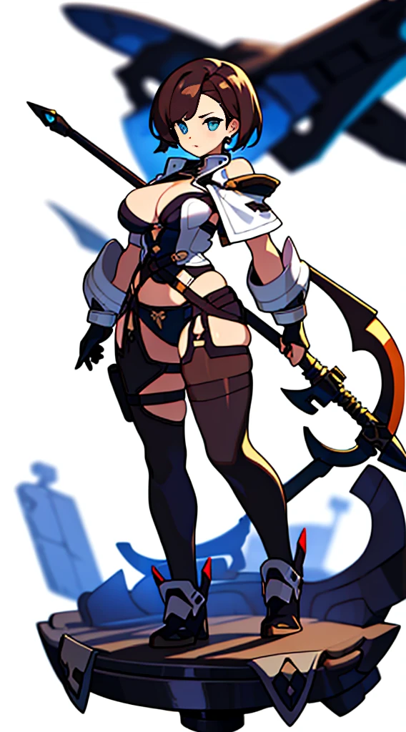reference sheet, solo woman, (((blurry background, white background))), character focus, fantasy clothes, standing, full body, shorts, holding weapon, thong,
