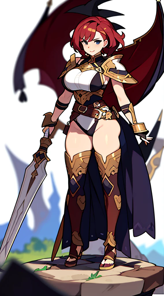 (((Best Quality))) , ((full body)), female, reference sheet, solo, (white background), holding sword, gauntlets, bustier, thigh high,