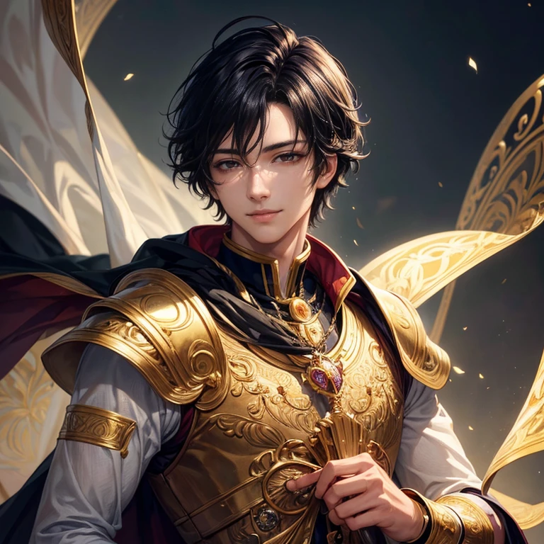 fantastic art of a beautiful male,prince,19yo,black hair,beautiful brown eyes,noble,gentle,smile,young,ikemen,noble,top quality,best picture quality,super masterpiece,super detailed,detailed light,fantastic atmosphere,very delicate and beautiful,highly detailed digital painting,cinematic lighting,8k