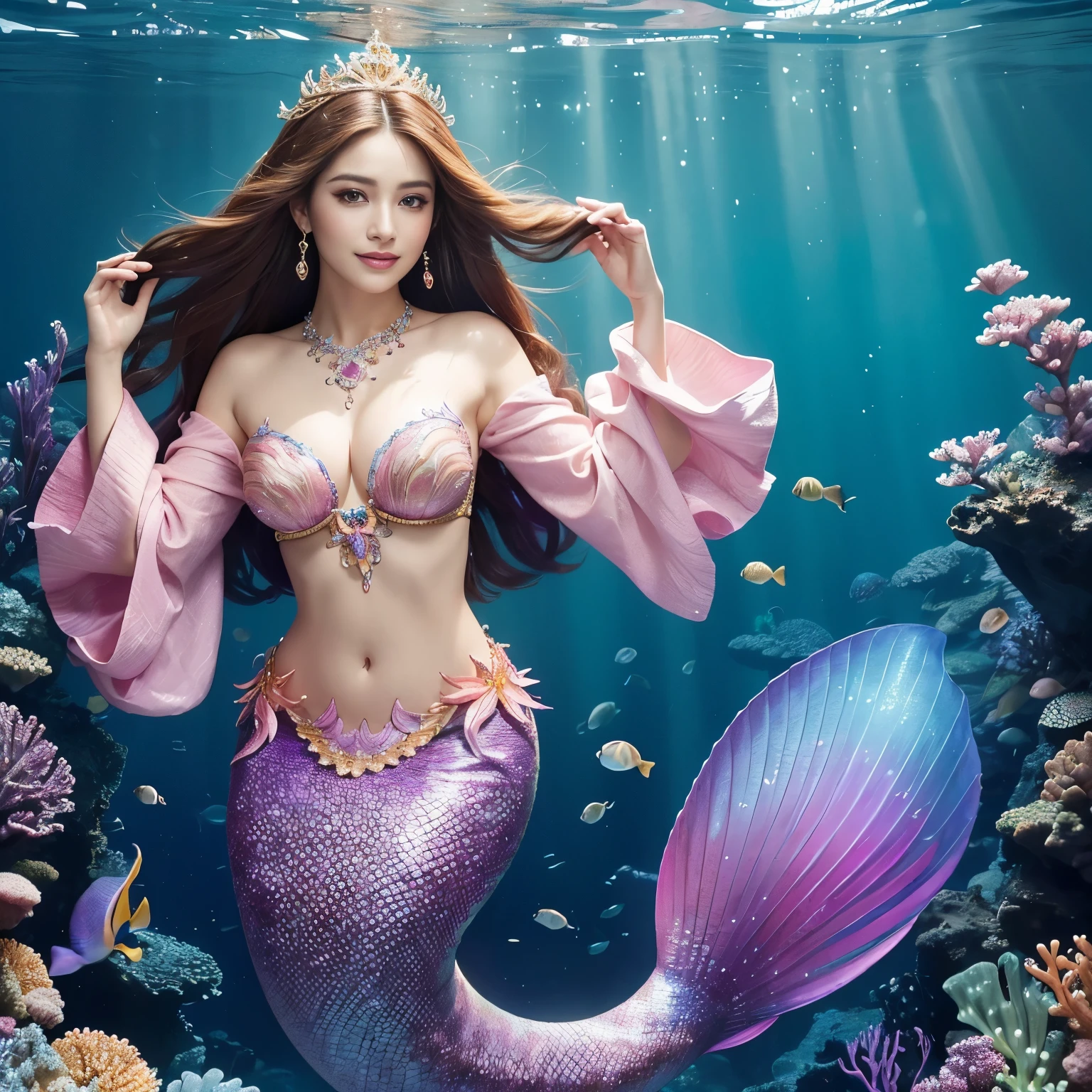 (highest quality、table top、8K、best image quality、hyper realism)、(Mermaid goddess in the most luxurious and majestic costume:1.1)、(The most luxurious and intricately decorated sleeves:1.1)、(Mermaid goddess swimming in the deep sea:1.2)、(Extremely complex and detailed ocean depictions:1.1)、(There are many beautiful small tropical fish and corals in the sea.:1.1)、(Detailed and complex underwater depictions:1.1)、(Highly intricately sparkling detailed pink and purple real scales:1.2)、(Mermaid goddess swimming in the deep sea 上半身写真:1.1)、Beautiful sea that shines intricately、Clear and detailed background,、accurate anatomy、whole body jewelry decoration、golden decoration、the most gorgeous goddess sleeves、the most luxurious decoration、large amount of intricate gemstones、beautiful brown hair、Highly detailed purple and pink scales、(最も贅沢でhighest qualityの巨大ティアラ)、(最も贅沢でhighest qualityのジャイアントネックレス)、Beautiful purple and pink tail of a mermaid、perfect makeup、the best smile when you look at me