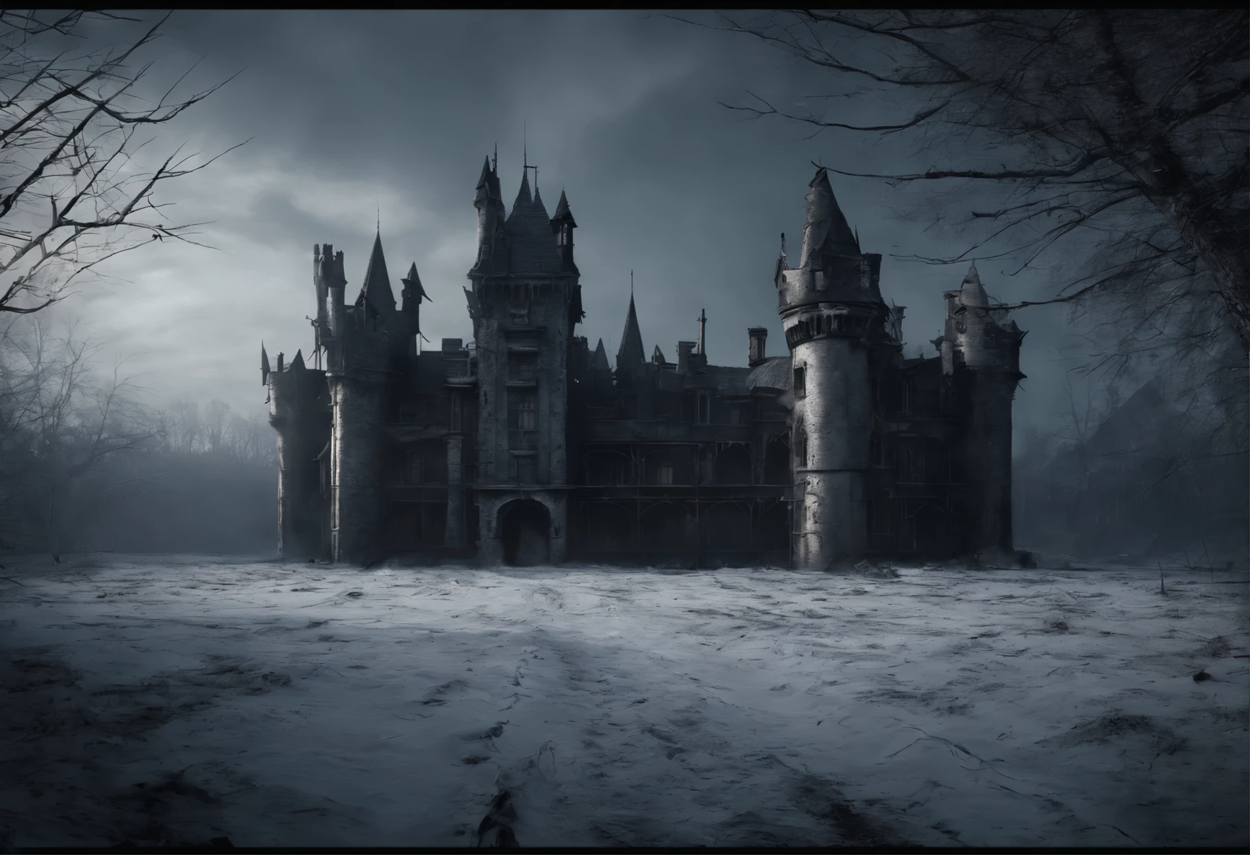 old dilapidated castle with many towers and huge lattice gates, (Best Quality, 16K, Masterpiece, UHD, Ultra quality cinematic lighting, Huge detail, Well lit, 35mm, sharp, hyper realistic, epic scale, insane level of details)