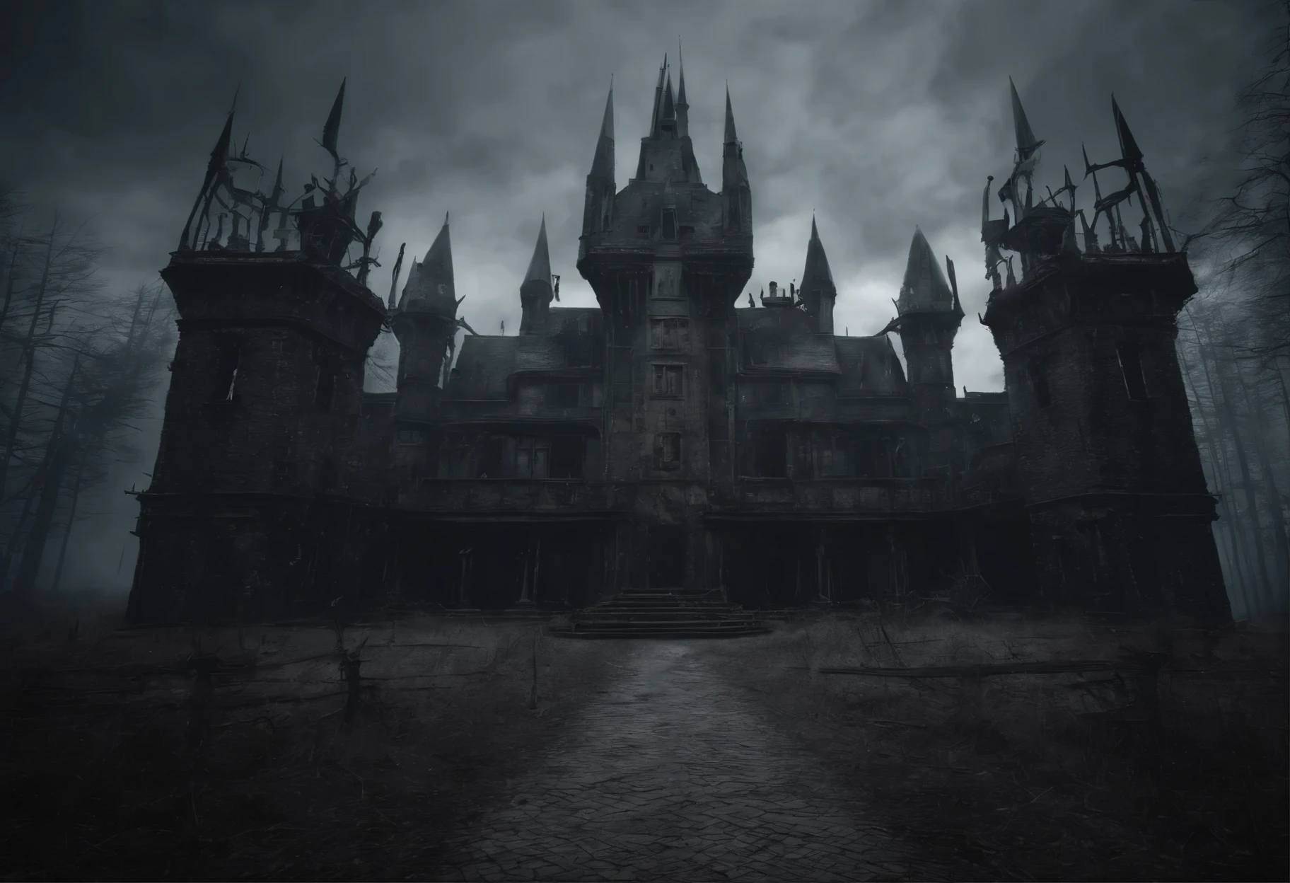 old dilapidated castle with many towers and huge lattice gates, (Best Quality, 16K, Masterpiece, UHD, Ultra quality cinematic lighting, Huge detail, Well lit, 35mm, sharp, hyper realistic, epic scale, insane level of details)