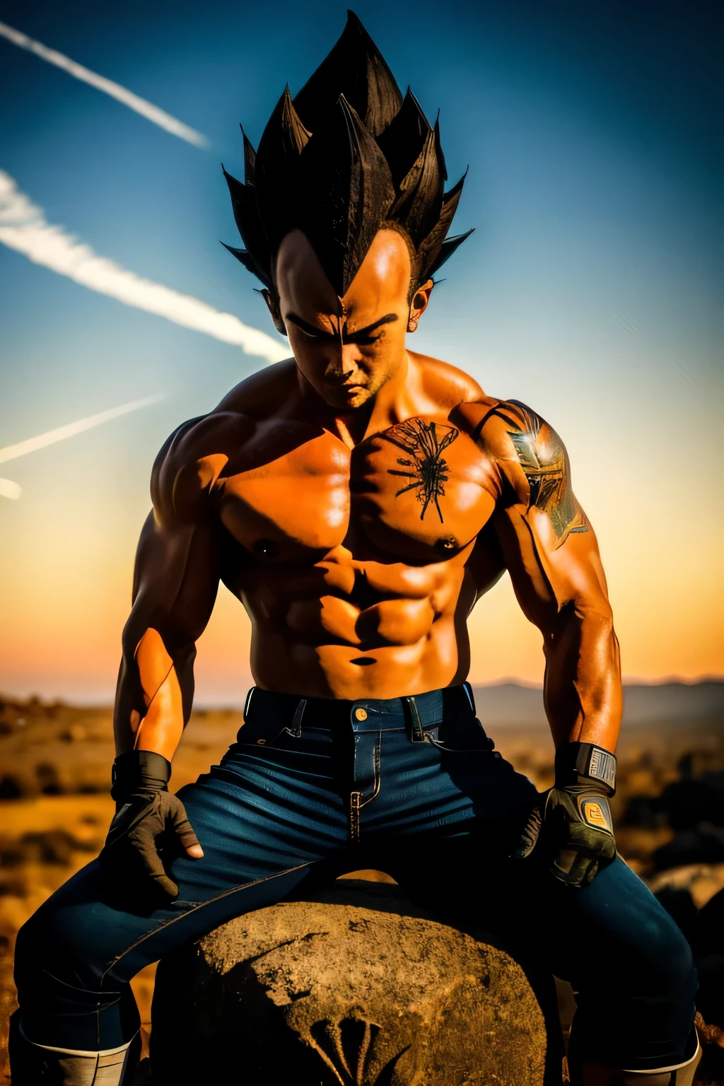 (Piel muy detallada:1.2), grave, mirando al espectador, black spiked hair, ojos negros, armadura, guantes blancos, foto cruda, Vegeta, 1 chico, small details, fotorrealista, Foto ultrarrealista, 8k UHD, digital slr camera, Soft lighting, alta calidad, film grain, ((obra maestra)), 8k, HDR, muy detallado, profesional, musculoso, cuerpo completo