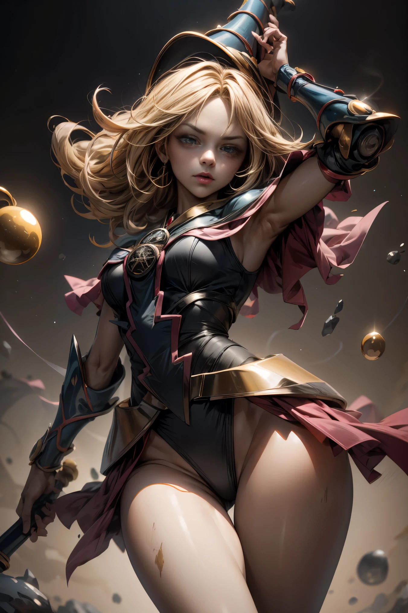 (8k,fotorrealista Raw photography highest qualityr;1.4) (1chica en) super beauty (cara realista) cuerpo femenino (Rubia de rizos largos) Hold a black and red magic wand Escena de combate Magic hat with black and gold exterior Beautiful expression Deslumbramiento (Piel de aspecto real) (Giles magos oscuros) Tentador Super high resolution Un hiperrealista Alto detalle foto de cuerpo completo restos