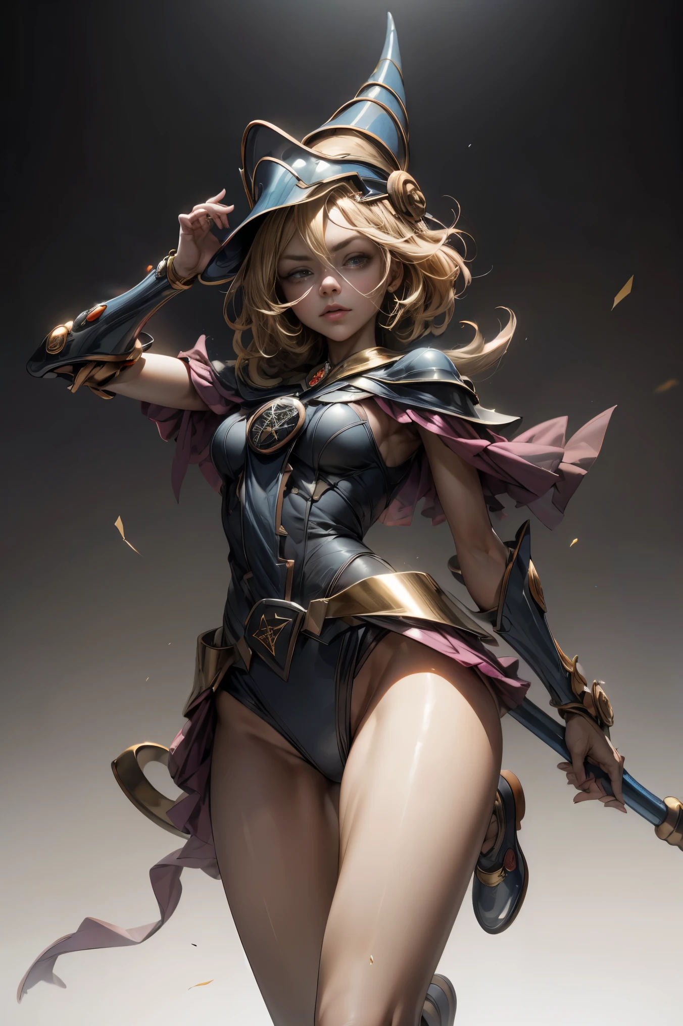 (8k,fotorrealista Raw photography highest qualityr;1.4) (1chica en) super beauty (cara realista) cuerpo femenino (Rubia de rizos largos) Hold a black and red magic wand Escena de combate Magic hat with black and gold exterior Beautiful expression Deslumbramiento (Piel de aspecto real) (Giles magos oscuros) Tentador Super high resolution Un hiperrealista Alto detalle foto de cuerpo completo restos