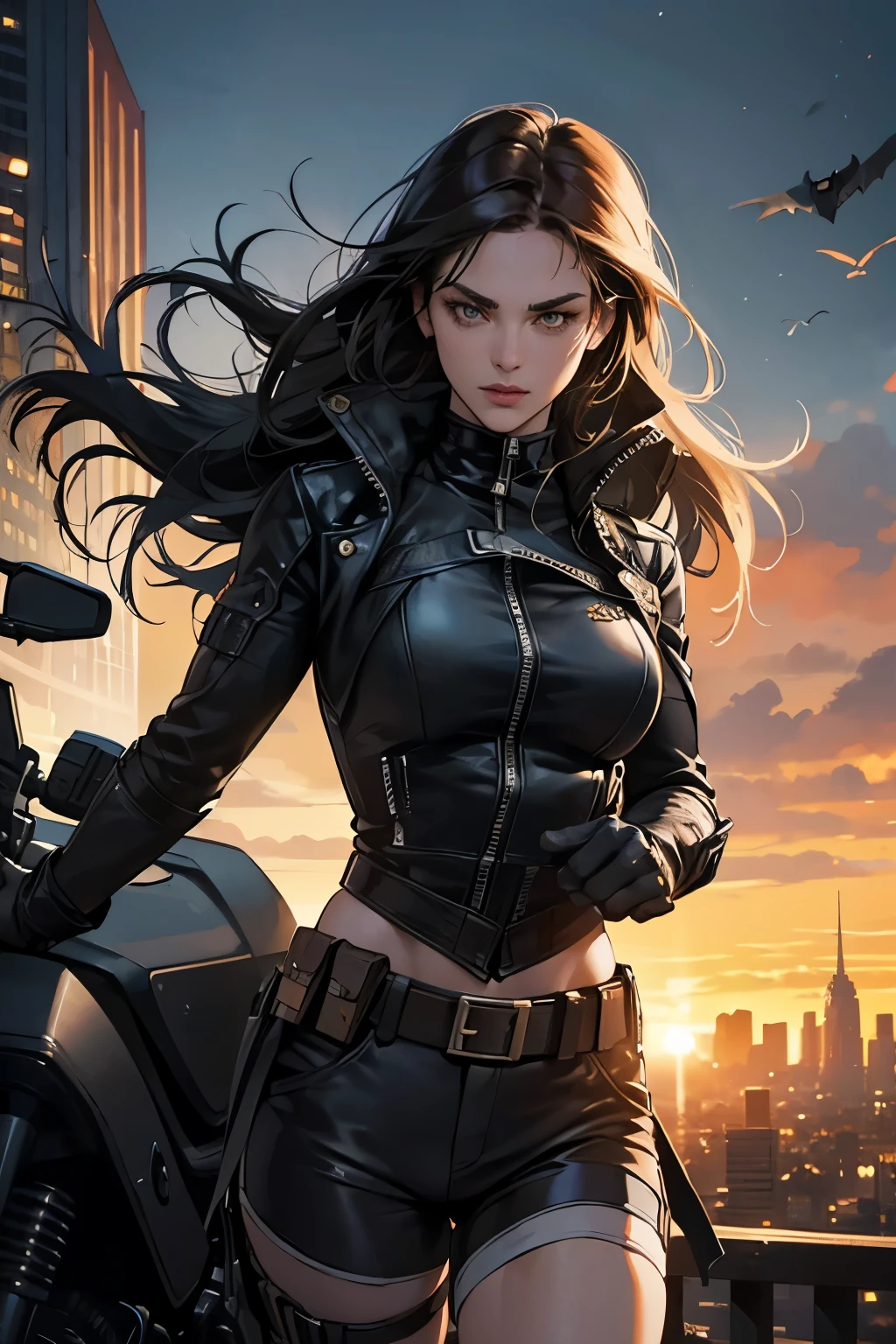 (ultra-detailed, dynamic action sequence: 1.2), lara croft with a leather jacket, messy yet beautiful hair flying in the wind, gun belt, shorts and thigh-high boots, toned muscles, batman clad in a sleek armor suit, cape flowingly behind, batman's mask revealing detailed features,
detailed background, cityscape with towering buildings and neon lights, sun setting casting an orange glow,
(action-packed: 1.4), lara expertly handling the motorbike, Batman's arms wrapped around her waist for support, leaning in to speak into her ear,
BREAK, intense focus on their faces,