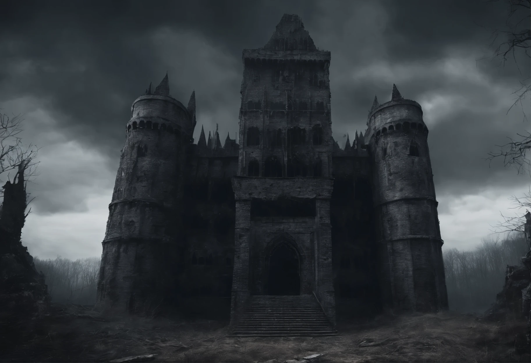 old ruined castle with many towers and huge lattice gates, (Best Quality, 16K, Masterpiece, UHD, Ultra quality cinematic lighting, Huge detail, Well lit, 35mm, sharp, hyper realistic, epic scale, insane level of details)