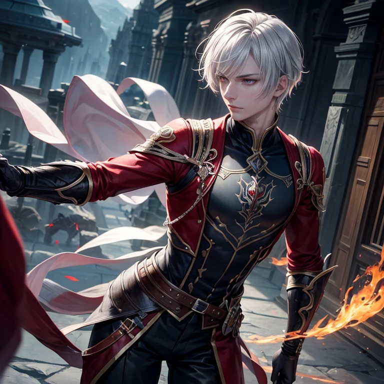 fantastic art of a beautiful male,assassin,27yo,silver short hair,beautiful red eyes,cool,mysterious,young,ikemen,noble,top quality,best picture quality,super masterpiece,super detailed,detailed light,fantastic atmosphere,very delicate and beautiful,highly detailed digital painting,cinematic lighting,8k
