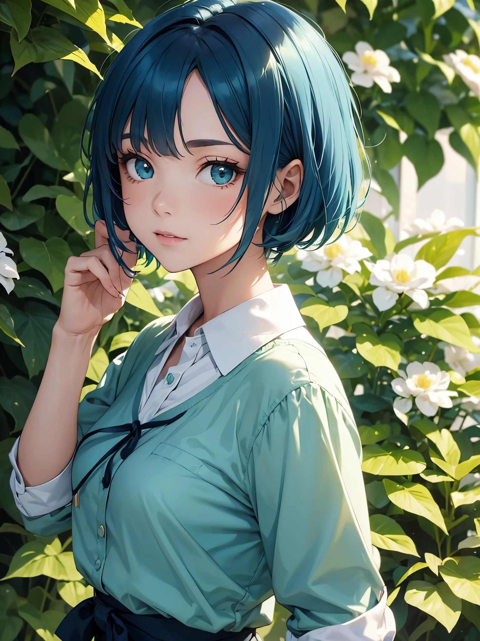 A mature girl, blue hair, short hair, wearing green and white shirt, wearing ribbon