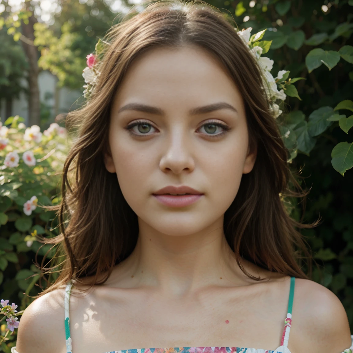 [Eva Elfie] girl in a garden, beautiful detailed eyes, beautiful detailed lips, extremely detailed eyes and face, long eyelashes,oil painting,ultra-fine painting, colorful flowers, green grass, soft sunlight,best quality,high-res,photorealistic, vivid colors, bokeh