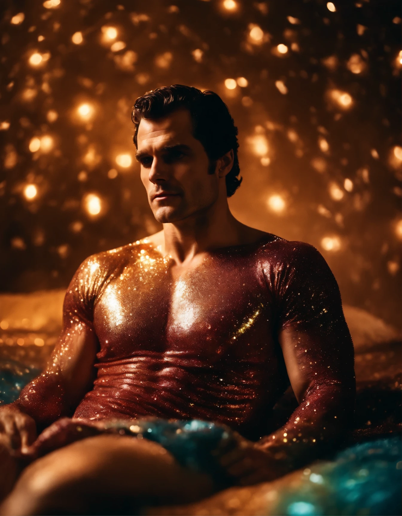 Glitter skin, Euphoria style photo of Henry Cavill, laying down, glitter on his naked body and face, Euphoria colors, photorealistic