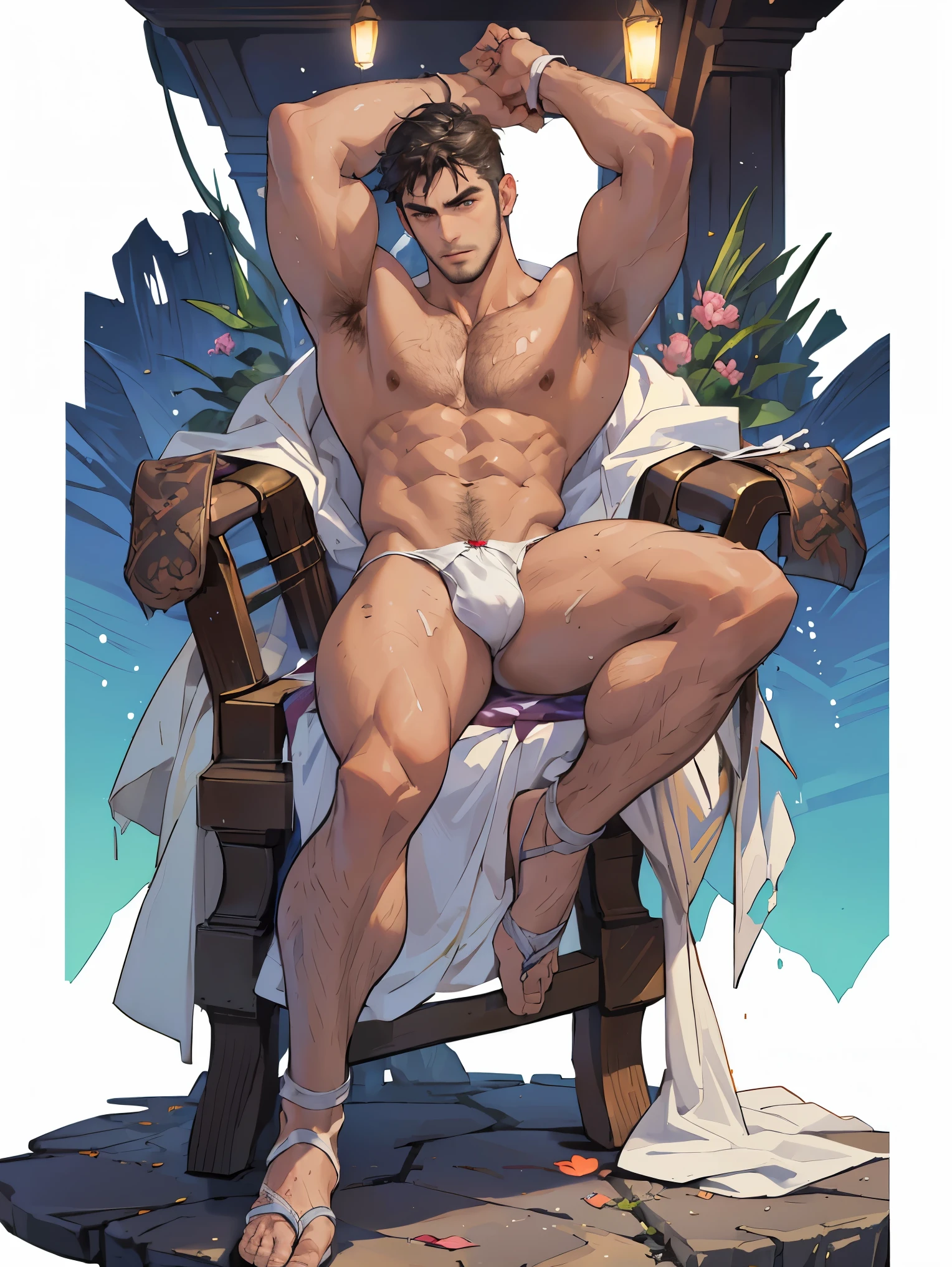 (Masterpiece, Best quality), Man, Wear miniature thongs ((White micro-thong:_Pattern_designs_thongs_perspire_massive pec_Get wet all over your body)) , Bio-luminescence_water_world, wide angles, atheletic body, Male, Shiny_skin, musculature,Silver-eyed orange,Nail shape, determined expression, Small waist, broad chest, large mane, Muscular , illustration, watercolor ink sketch,(large bulge),(Big eggs),Japanese radish,Split legs,Glans,((Crotch propped up)),((Thick body hair)),(hand touching crotch),Armpit hairy,(Bottom-up view),Rounded buttocks,Your hips are forward,((Clothes are soaked)),Hard,(There is a lot of on the body),butterflys,((Extremely detailed, extremely detailed legs, extremely detailed arms, Extremely detailed face, Perfect Detailed Eyes, perfectly detailed anatomy)),(a broad shouldered)