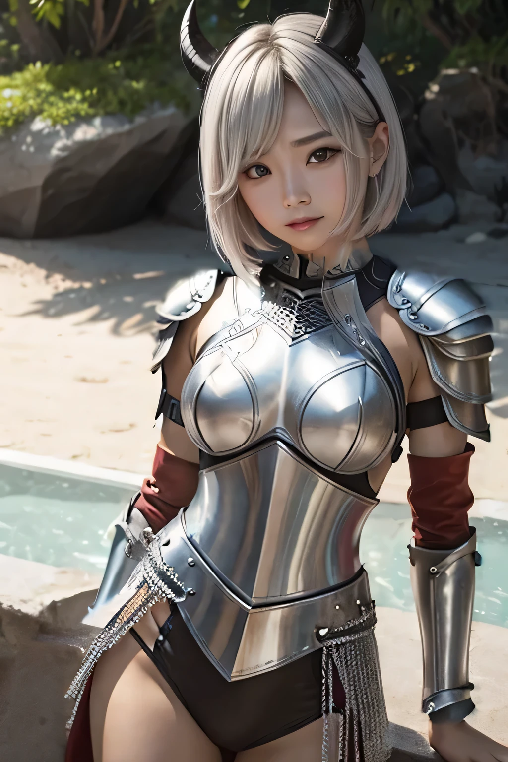 Watercolor-haired woman in truncated punk-style medieval armor. Bright chrome yellow underwear with sharp reflection. gemstone. Bare-shoulders. Detailed lighting. Artwork. extreme beauty. Clothes with strong gradient effects