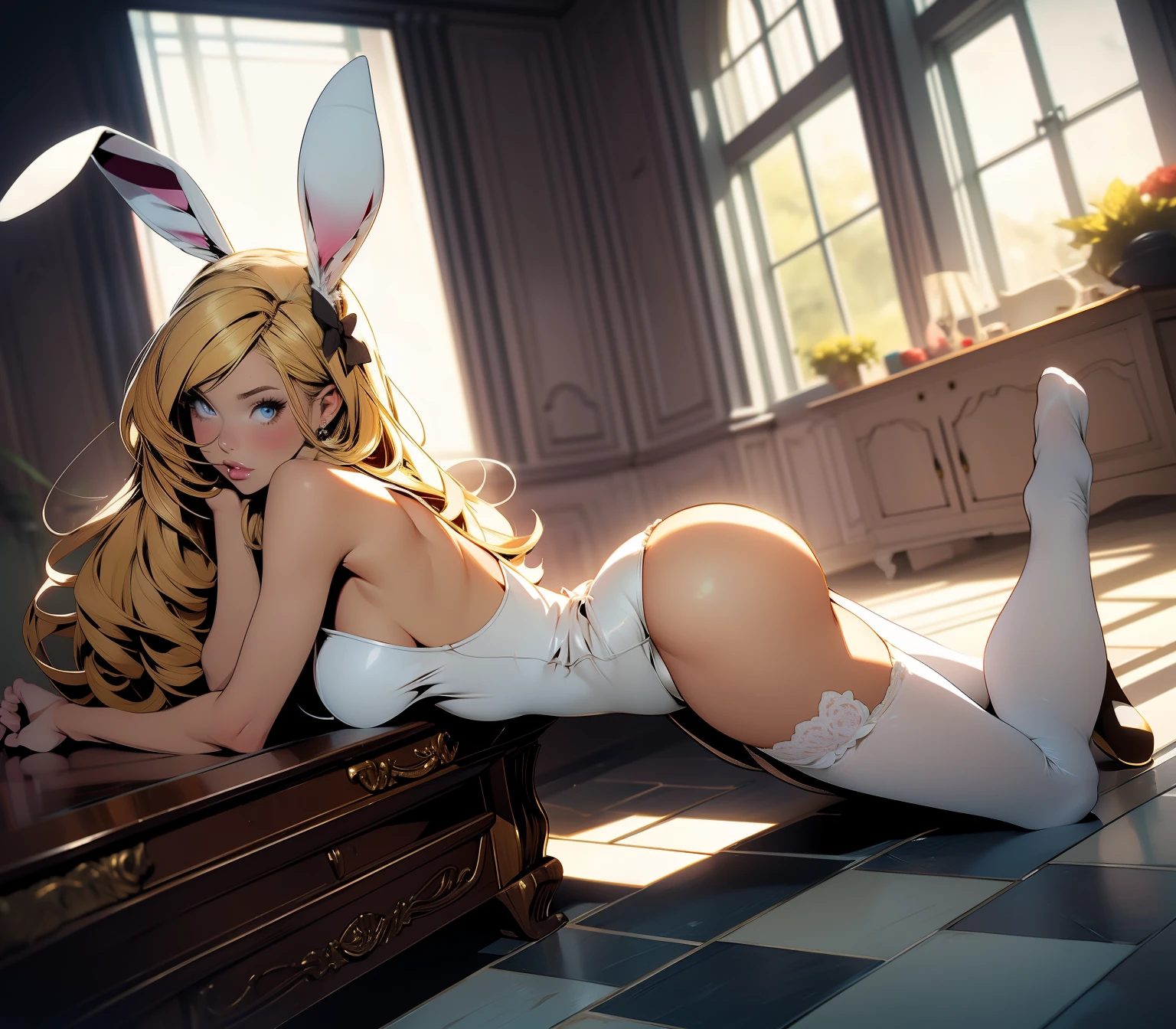 blond woman in bunny ears laying on the floor with her legs, doggystyle. ultrarealistic sweet bunny girl, anime barbie in white stockings, bunny leg, bunny girl, full length and white stockings, very sexy pose, pretty face with arms and legs, lola bunny fanart, playboy bunny, sexy pose, with bunny ears, with bunny rabbit ears, white stockings