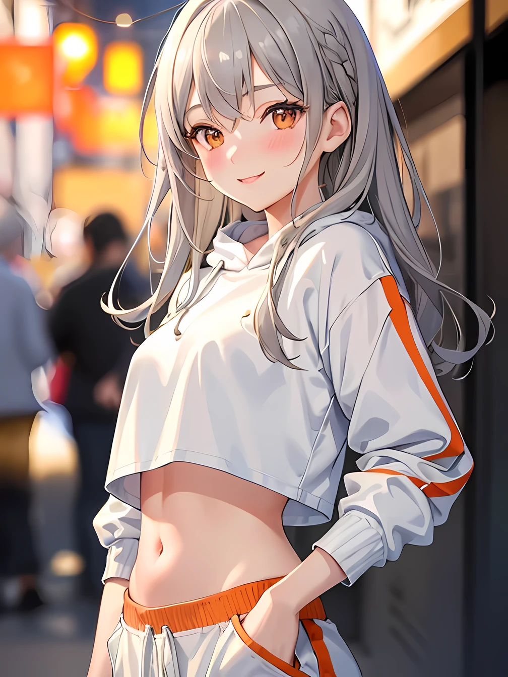 masterpiece, best quality, 1 girl, gray hair, orange eyes, cute, cropped sweater, hoodie, midriff, sweatpants, outdoors, upper body, smile, (blush, girlfriend), hands on sides, bokeh, blurred background