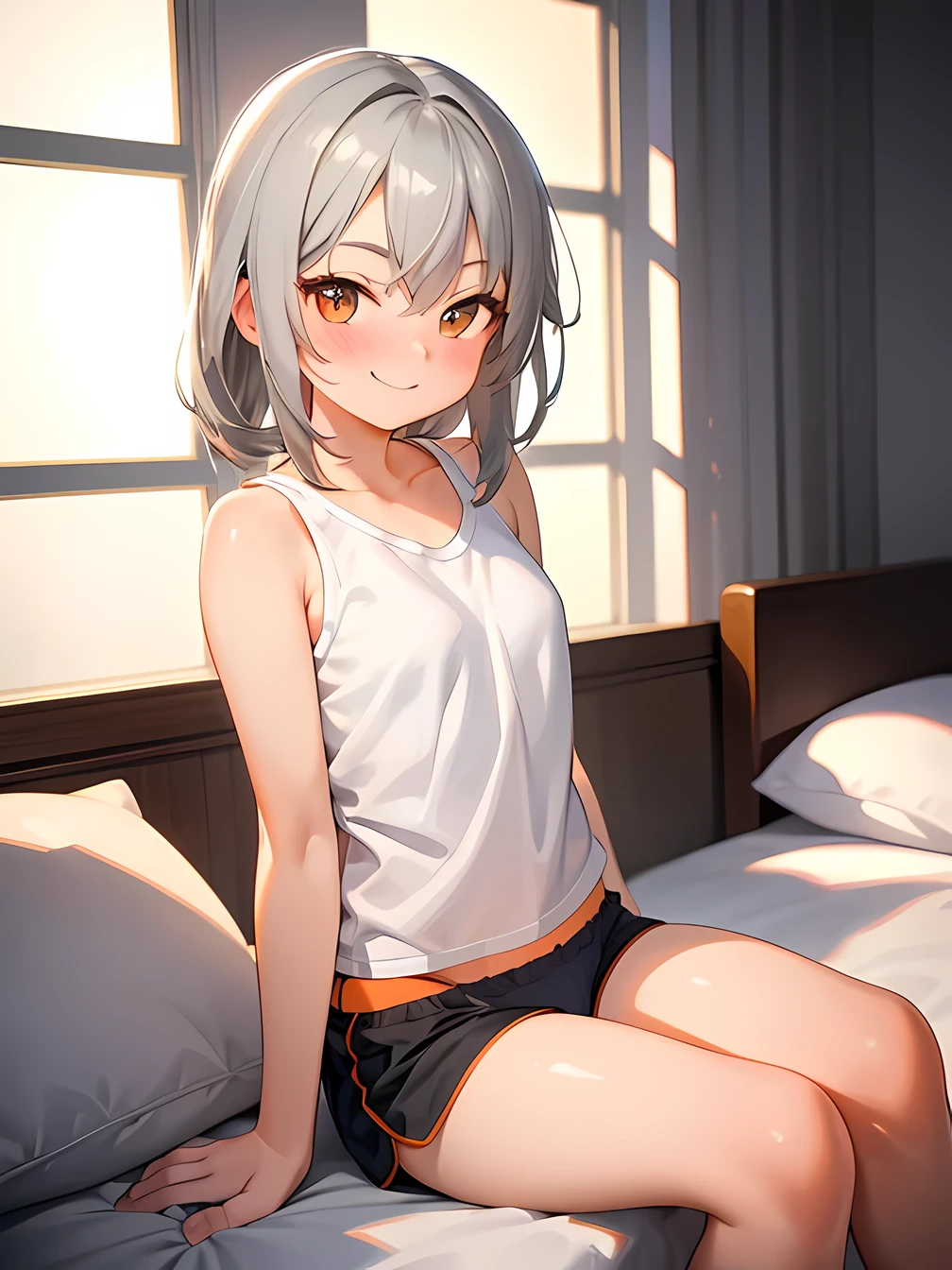 masterpiece, best quality, 1 girl, gray hair, orange eyes, cute, bedroom, sitting on bed, tight boxers, ambient lighting, smirk, blush, smile, dark room