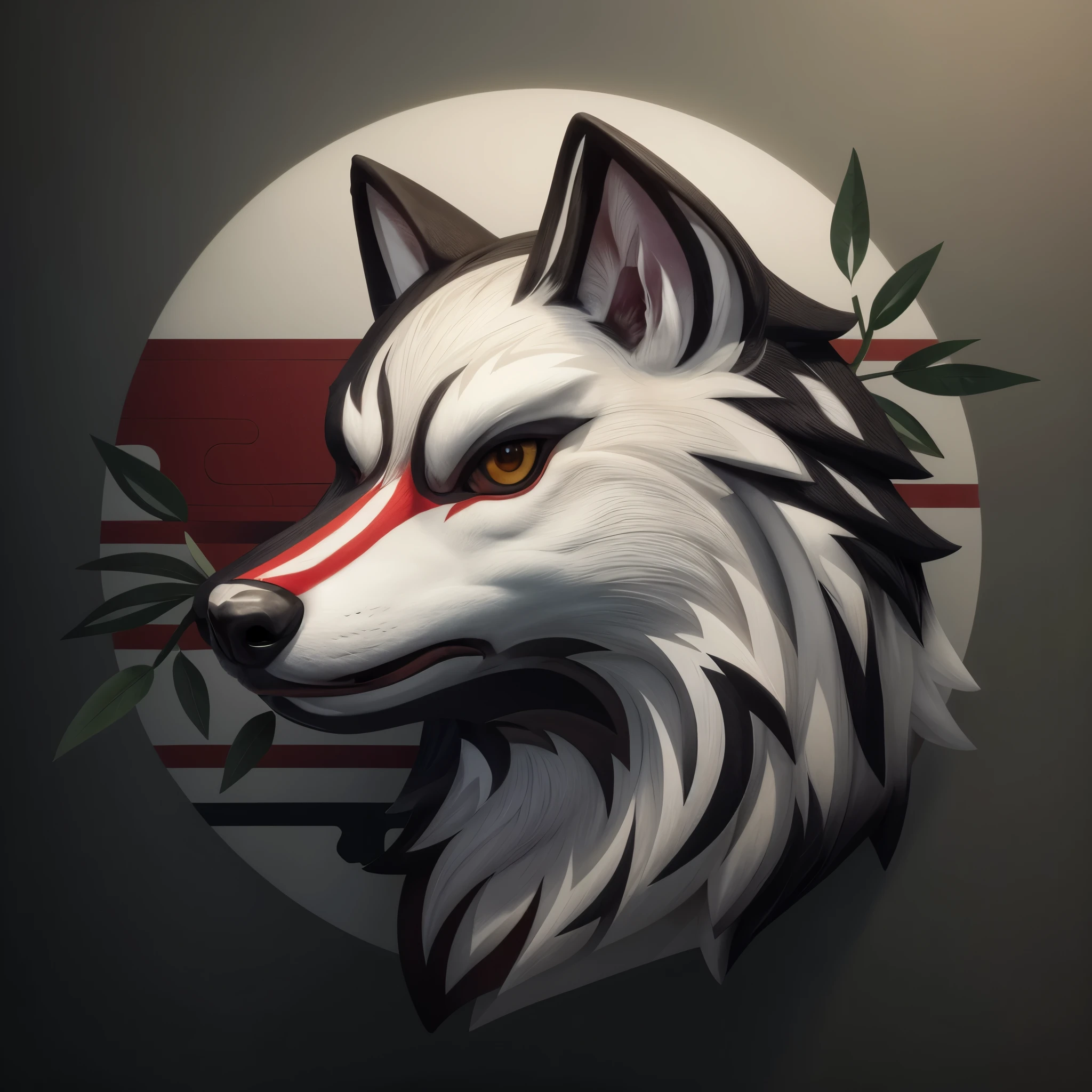 Realistic, white and red wolf, a close up of a wolf with a leaf in its mouth, wolf head, angiewolf, japanese art style, best lightning, best background, masterpiece, 8k