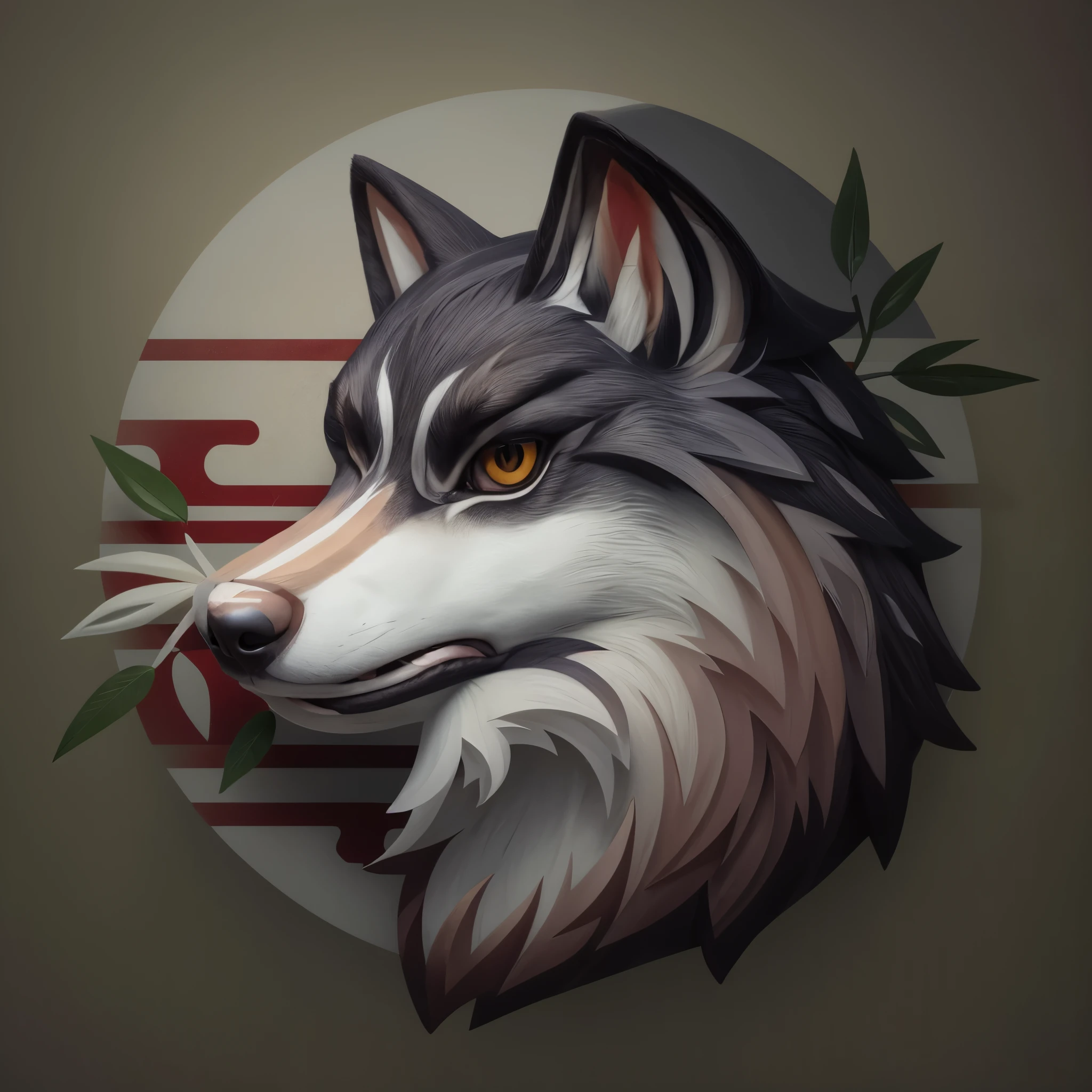 Realistic, white and red wolf, a close up of a wolf with a leaf in its mouth, wolf head, angiewolf, japanese art style, best lightning, best background, masterpiece, 8k