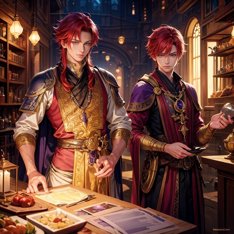 fantastic art of a beautiful male,merchant,21yo,red hair,beautiful purple eyes,cheerful,young,ikemen,noble,top quality,best picture quality,super masterpiece,super detailed,detailed light,fantastic atmosphere,very delicate and beautiful,highly detailed digital painting,cinematic lighting,8k
