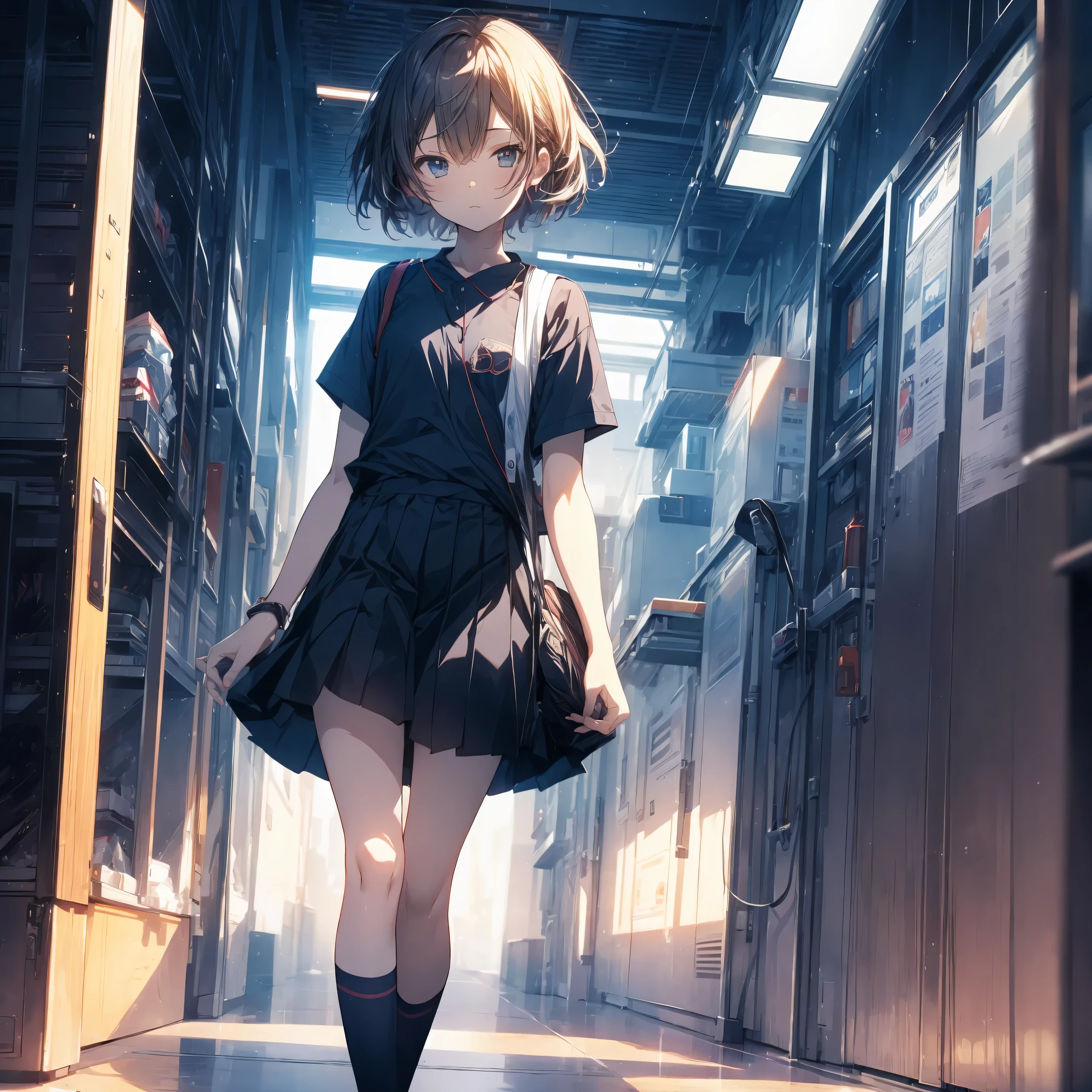 Super high quality by the art god, super detailed, High resolution,Dacro style, anime moe art style, best anime 8K konachan wallpaper, pixiv contest winner, perfect anatomy, break,(眠そうにalone学校へ行く女の子を描いてください. ),break, surreal high school girl, (alone,lolita, child,13 years old:1.3),All limbs, full finger,Middle school students, androgynous charm, (very short hair), messy hair, flat chest, small ass, between legs, Small black eyes,beautiful and fine eyes, Well-proportioned iris and pupils, disgusted eyes, High resolutionの詳細な髪, wearing , (skirt), On the way to school. break,super dense skin, Best lighting by famous artists, 8K, figure,