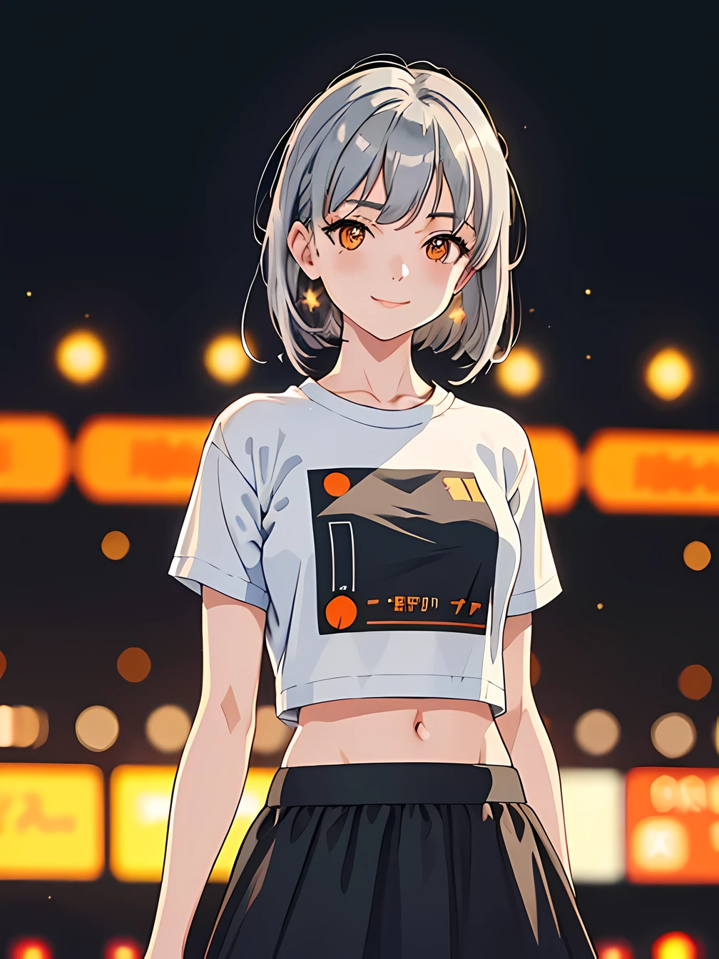 masterpiece, best quality, 1 girl, gray hair, orange eyes, t shirt, skirt, midriff, cyberpunk city, night, aesthetics, cowboy shot, bokeh, blurred background, upper body, smile, stars
