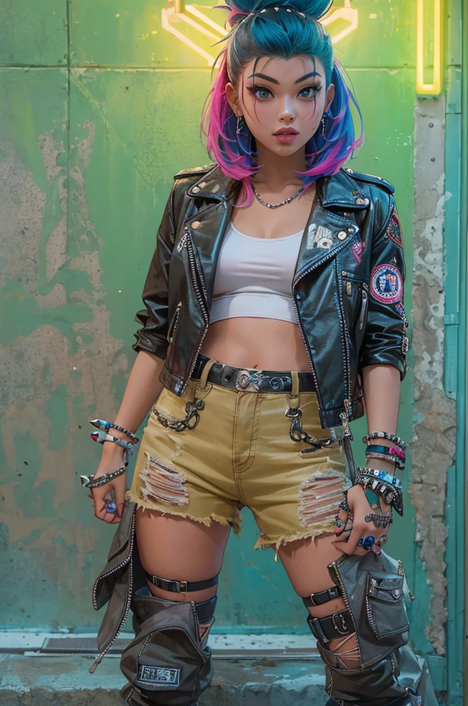 A girl with punk fashion in a NASA themed garden, wearing a leather jacket with studs and patches, along with a denim skirt, fishnet tights, and combat boots. Her hair is dyed with bright colors like neon green and hot pink, styled in messy spikes. She has multiple piercings, including on her nose, eyebrows, and lips. The garden is filled with futuristic elements, such as rocket sculptures, satellite dishes, and futuristic plants with neon colors. The girl is posing confidently, with a rebellious expression on her face. The overall artwork is an ultra-detailed and photorealistic digital illustration, with vivid colors and a high-resolution 4K quality. The lighting in the scene is dramatic, with a mix of natural sunlight and artificial neon lights, creating a punk yet futuristic atmosphere.