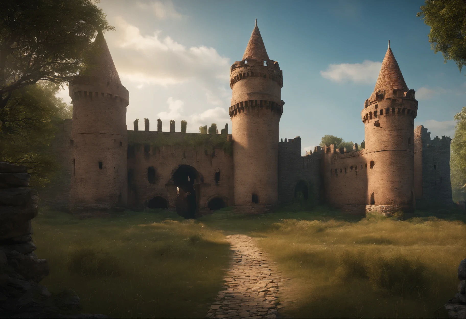 old ruined castle with many round towers and huge lattice gates, (Best Quality, 16K, Masterpiece, UHD, Ultra quality cinematic lighting, Huge detail, Well lit, 35mm, sharp, hyper realistic, epic scale, insane level of details)