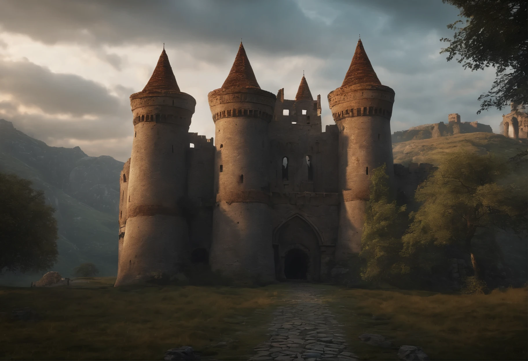 old ruined castle with many round towers and huge lattice gates, (Best Quality, 16K, Masterpiece, UHD, Ultra quality cinematic lighting, Huge detail, Well lit, 35mm, sharp, hyper realistic, epic scale, insane level of details)