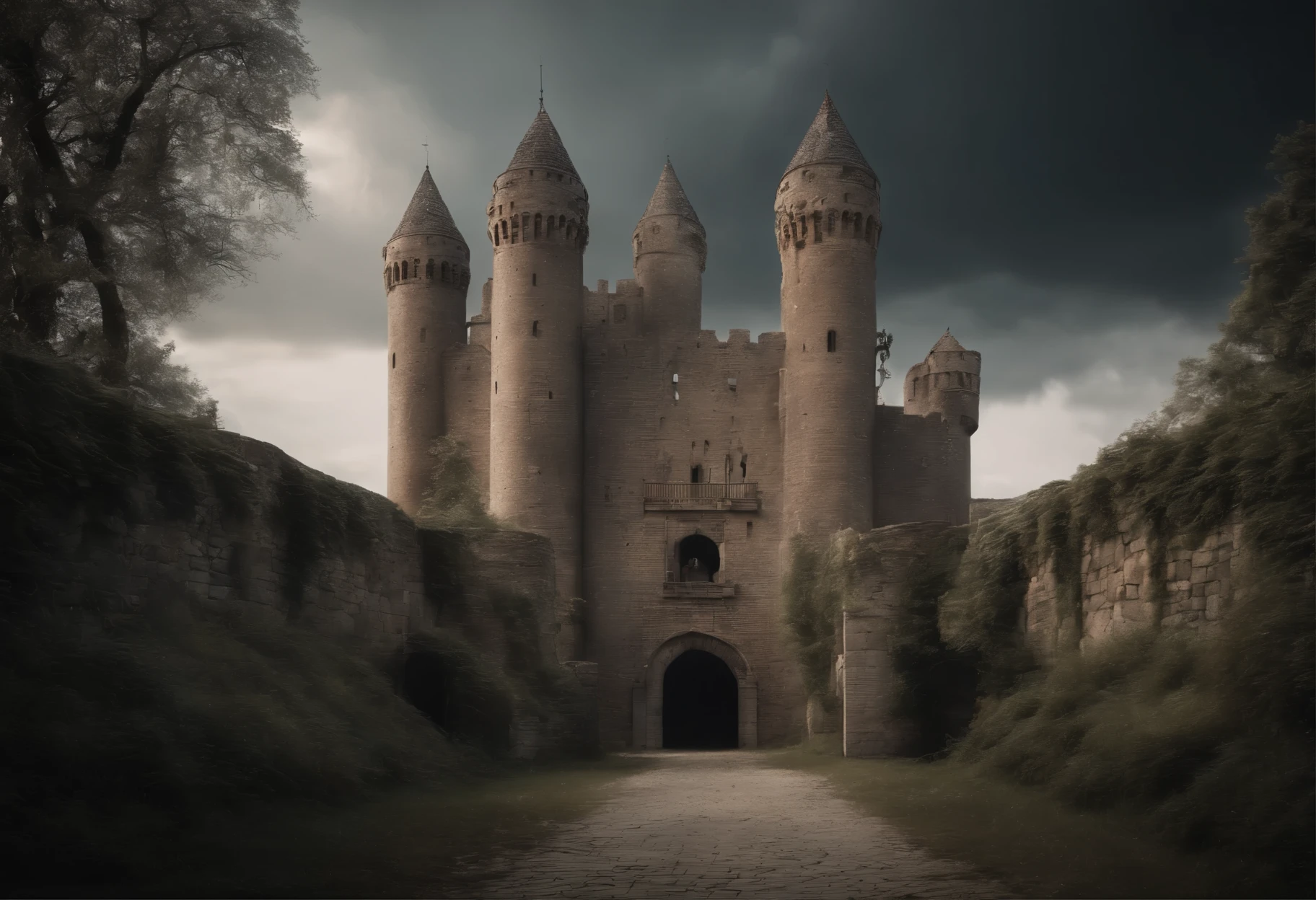 old ruined castle with many round towers and huge lattice gates, (Best Quality, 16K, Masterpiece, UHD, Ultra quality cinematic lighting, Huge detail, Well lit, 35mm, sharp, hyper realistic, epic scale, insane level of details)