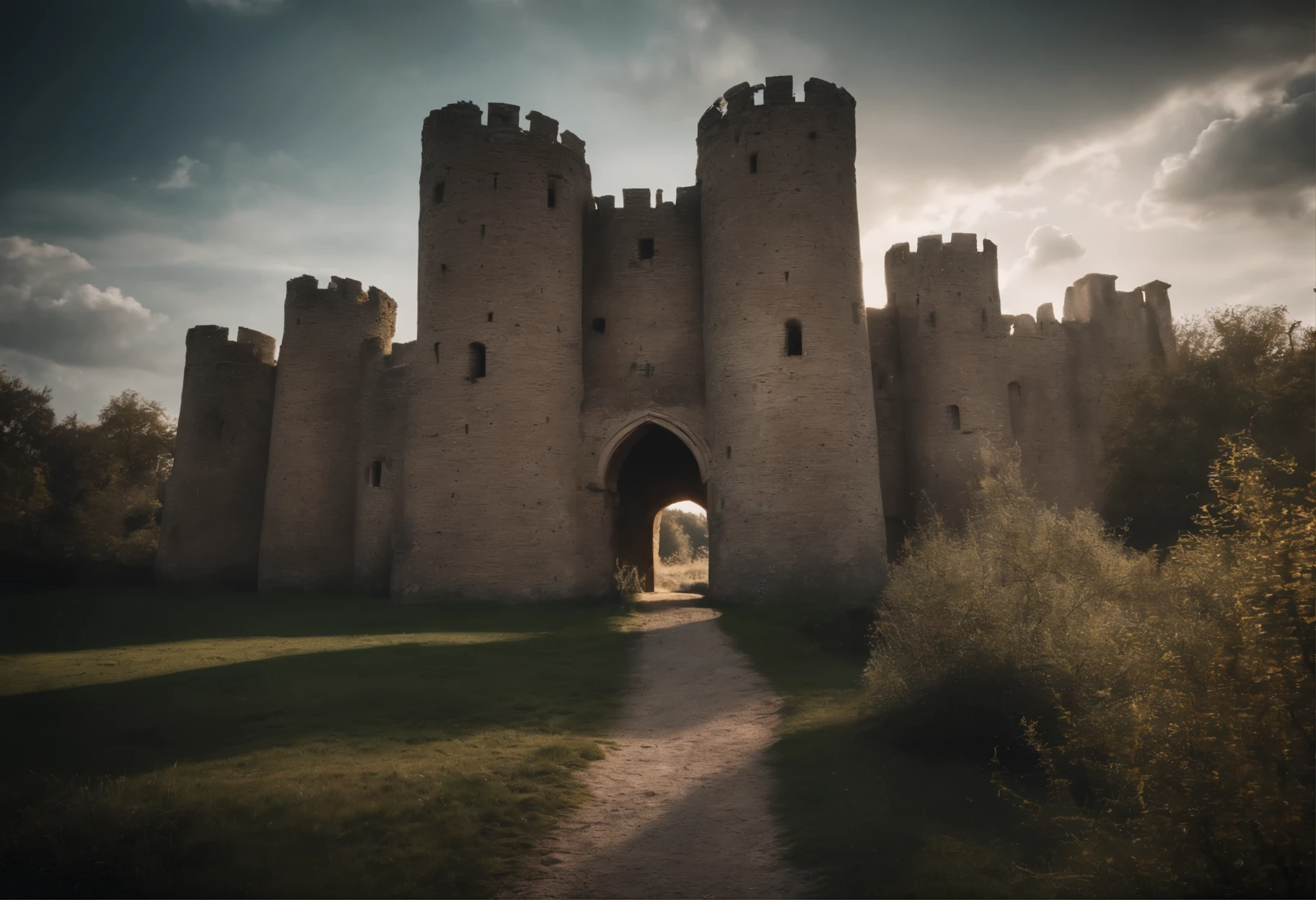 old ruined castle with many round towers and huge lattice gates, (Best Quality, 16K, Masterpiece, UHD, Ultra quality cinematic lighting, Huge detail, Well lit, 35mm, sharp, hyper realistic, epic scale, insane level of details)
