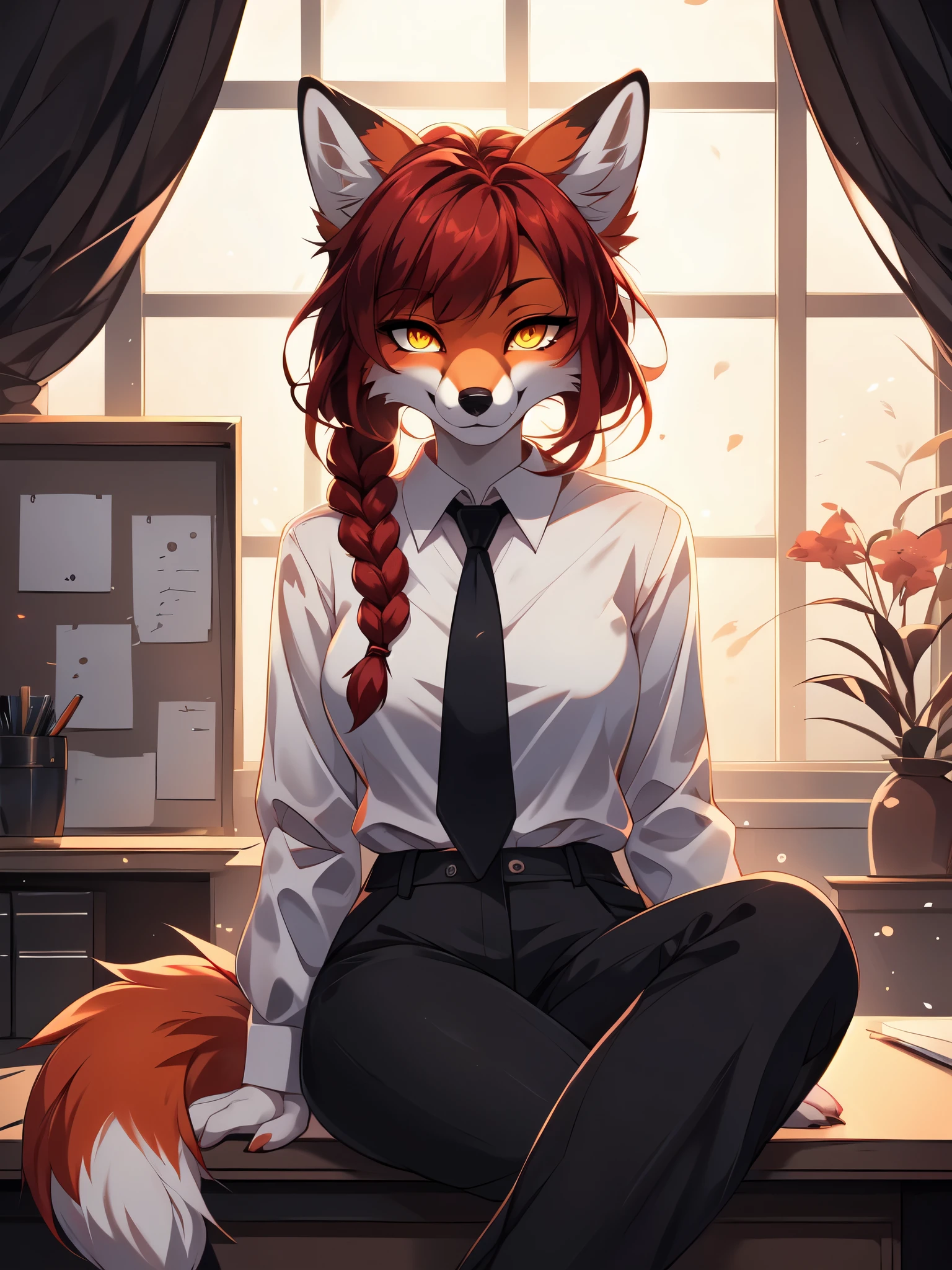 (masterpiece, best quality), 1girl, beautiful face,   makima, shirt, crimson red hair, braid, braided ponytail, glowing yellow eyes, ringed irises, straight bangs, collared shirt, white shirt, black pants, necktie, front view, red fox girl, anthro furry red fox, red fox ears, cute snout, black nose, sitting in an elegant office, legs crossed,  by fumiko, by hyattlen, by hioshiru, 